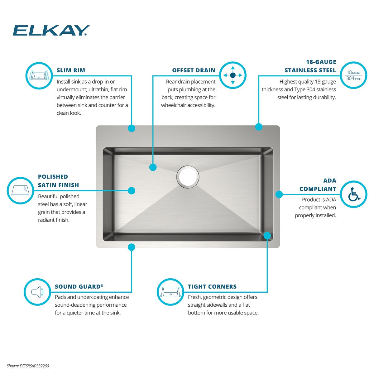 Elkay Crosstown 33" Dual Mount Stainless Steel ADA Kitchen Sink, Polished Satin, 1 Faucet Hole, ECTSRSAD3322601