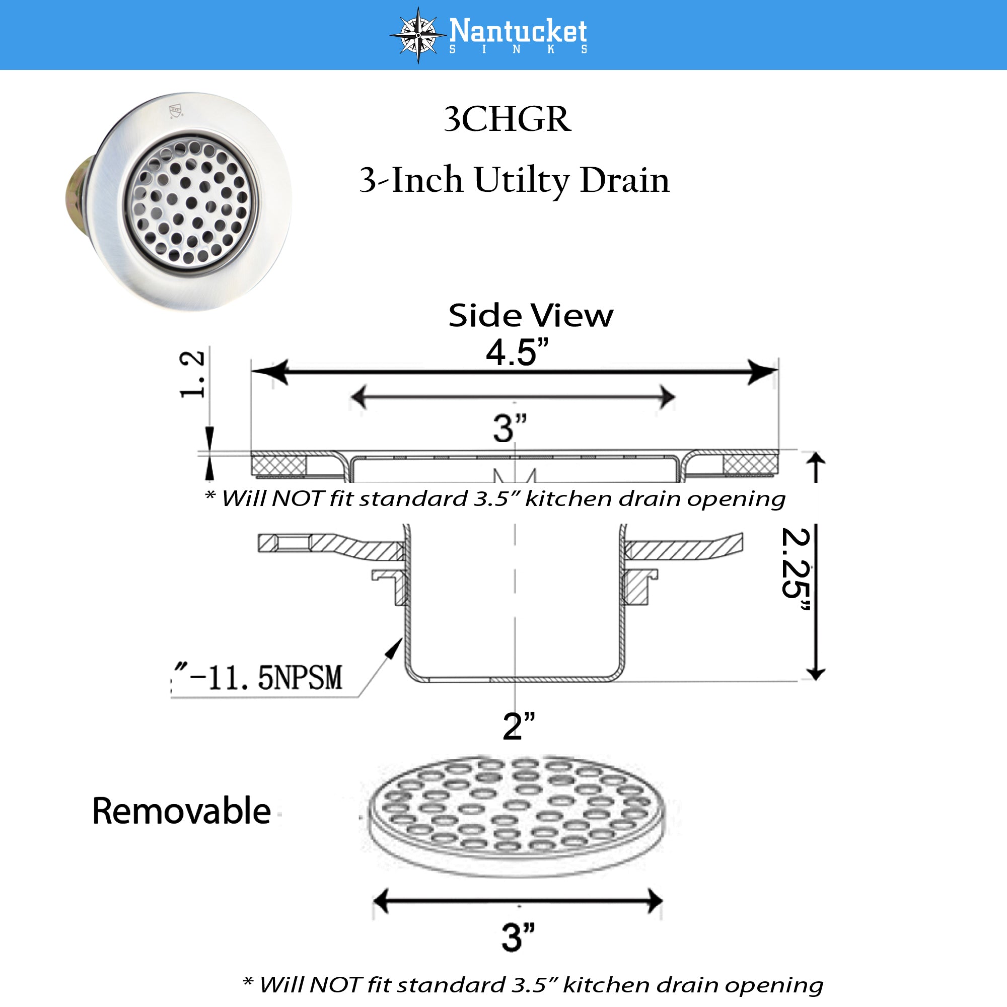 Nantucket Sinks 3 inch Utility Sink Grid Drain Matte Black, 3CHGRMBL