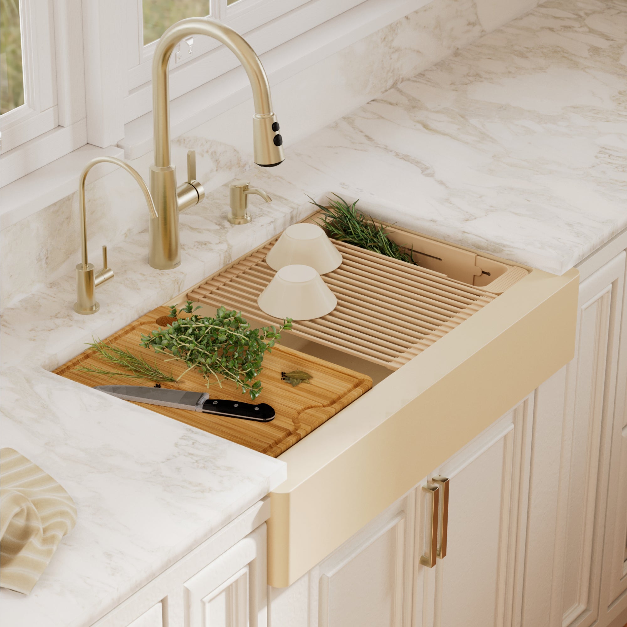 Karran 34 quartz composite retrofit workstation farmhouse sink bisque lifestyle image