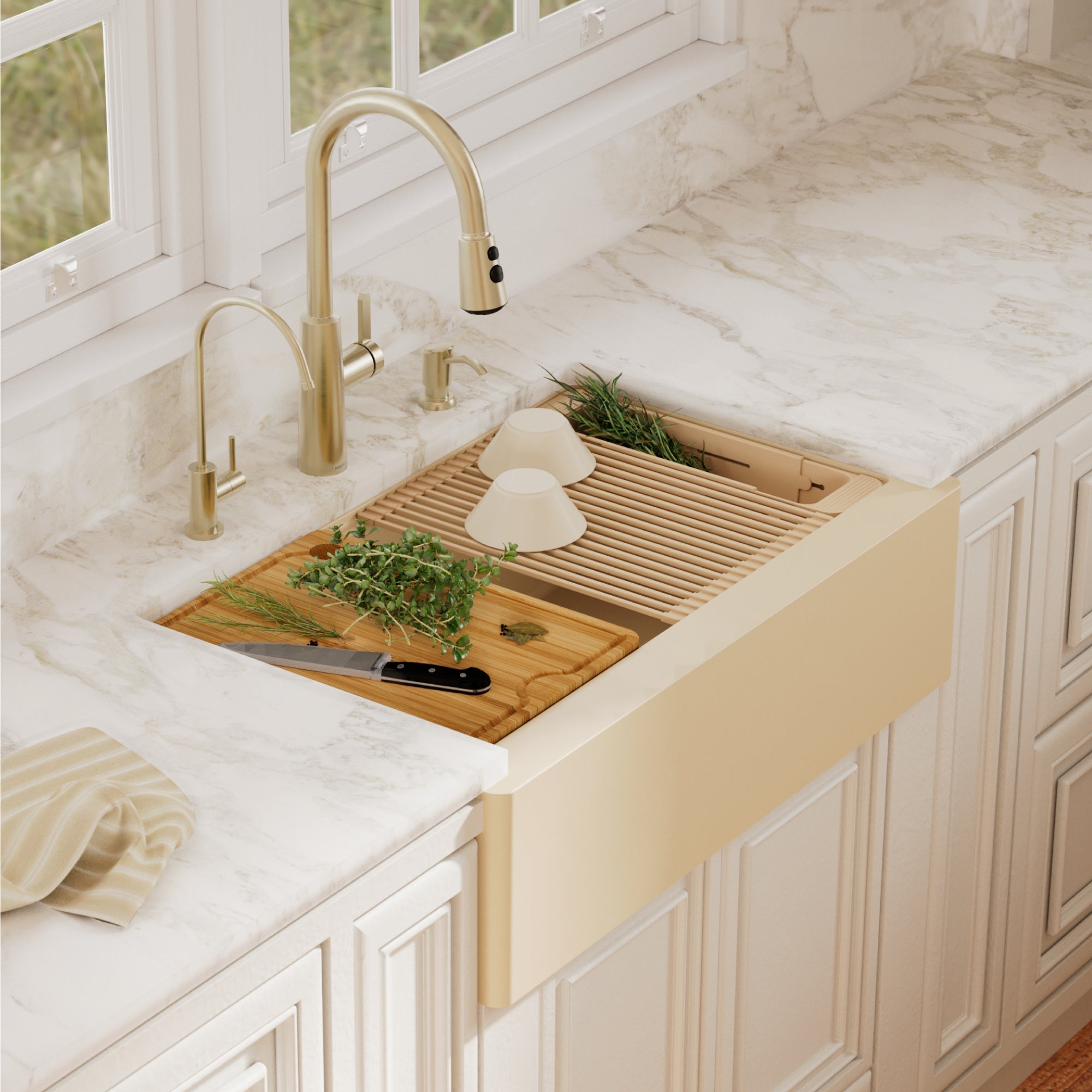 Karran 34 quartz composite workstation farmhouse sink bisque lifestyle image