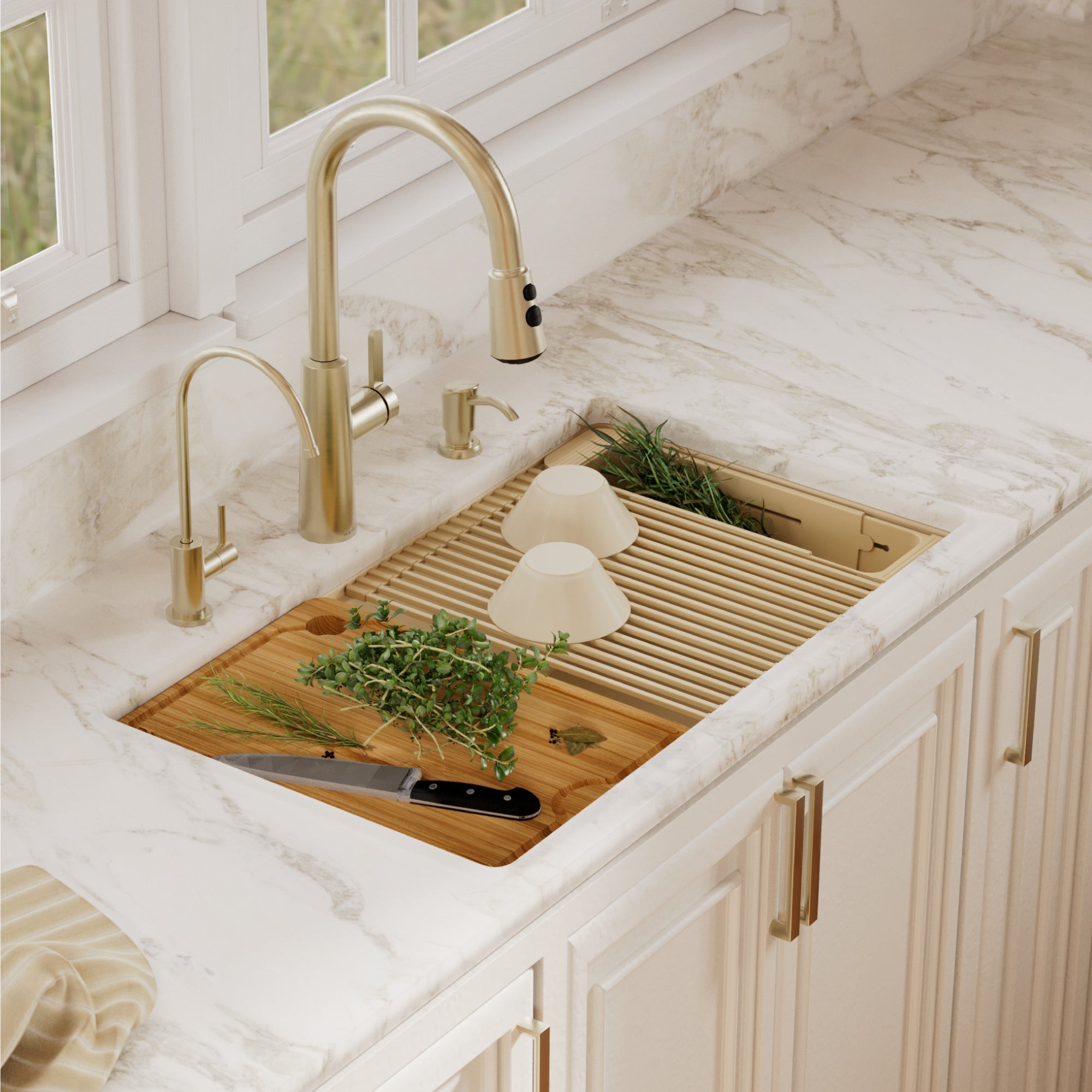 Karran 32 quartz composite workstation kitchen sink bisque lifestyle image