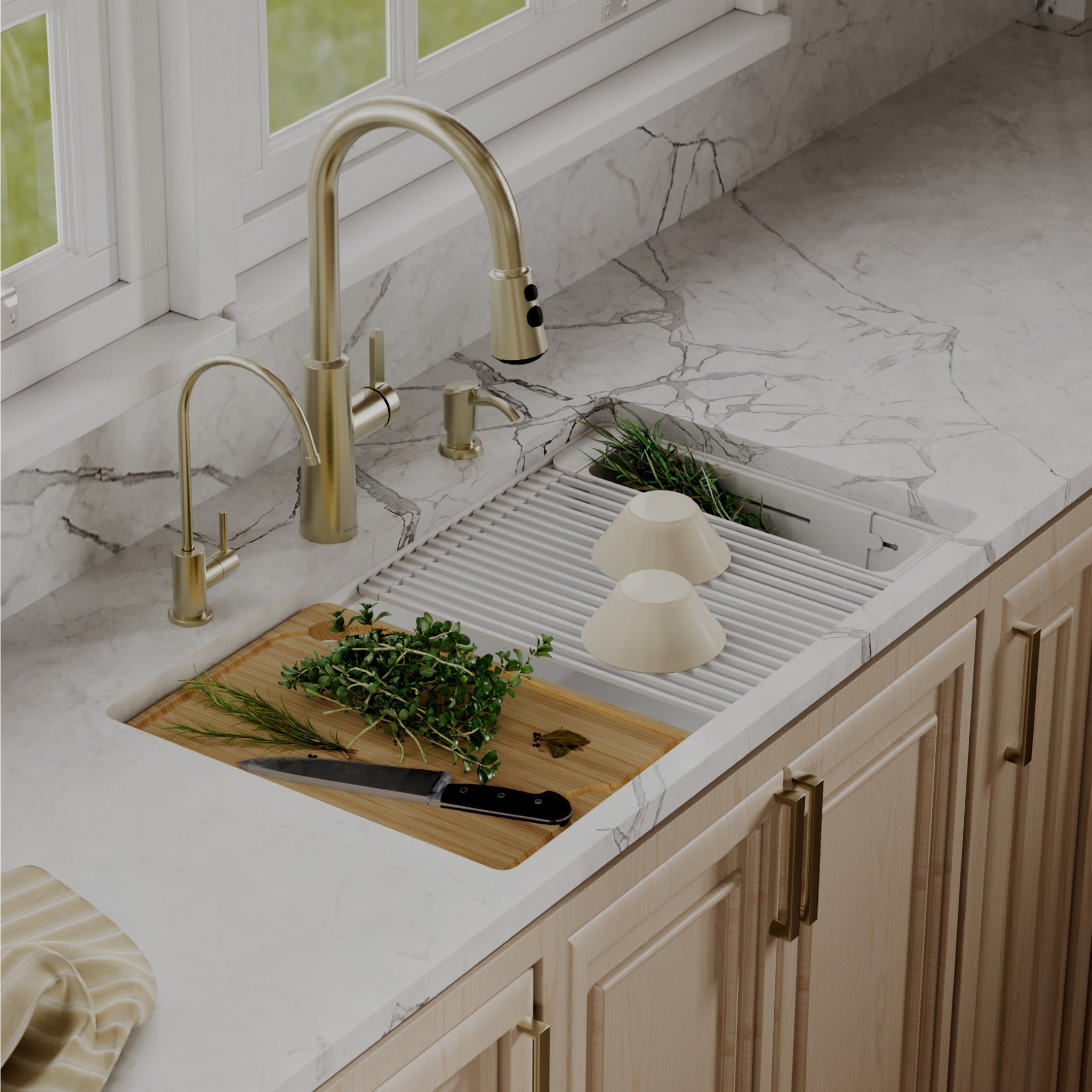 Karran 32 quartz composite workstation kitchen sink 50/50 double bowl white lifestyle image