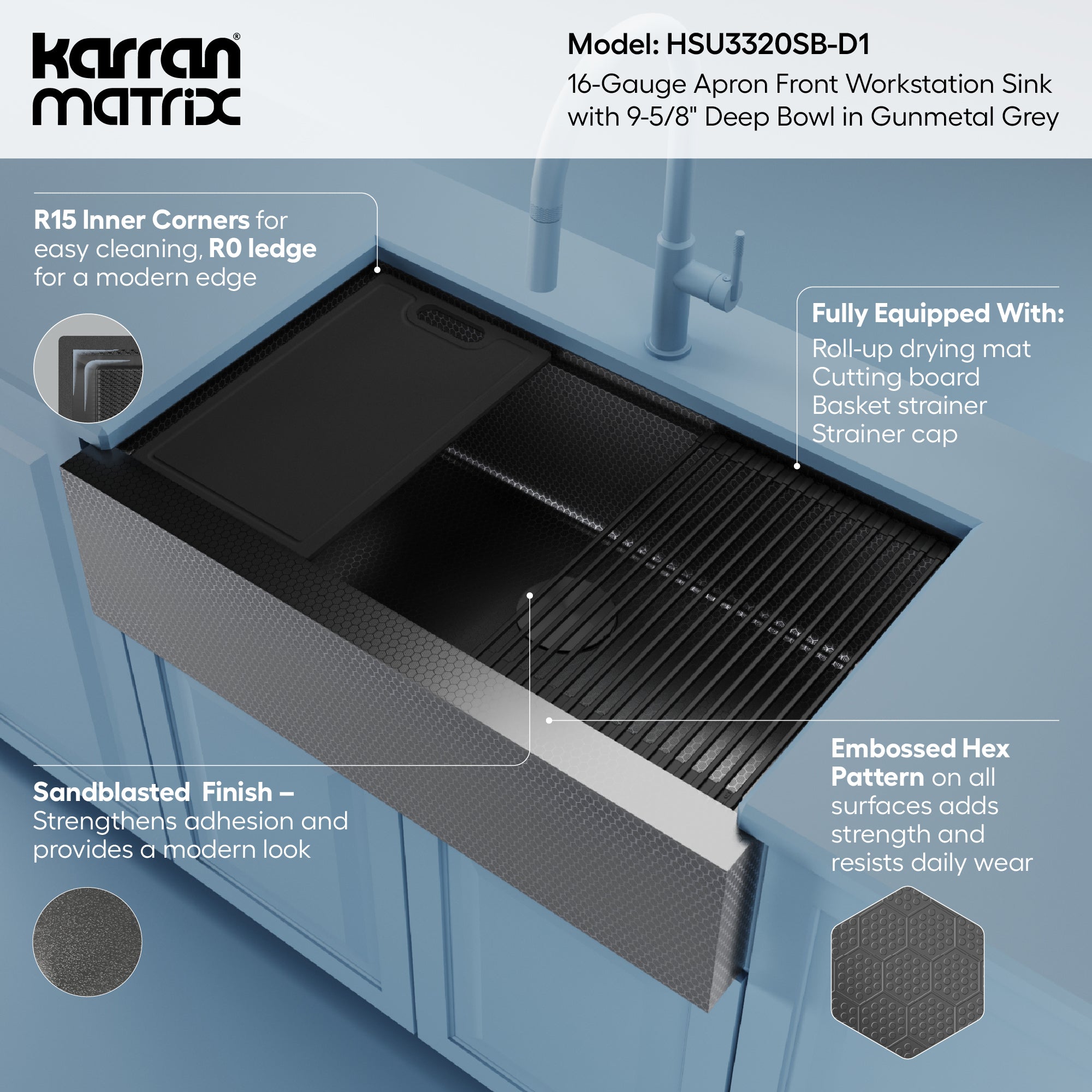 Karran 33 stainless steel workstation farmhouse sink gunmetal grey informational image
