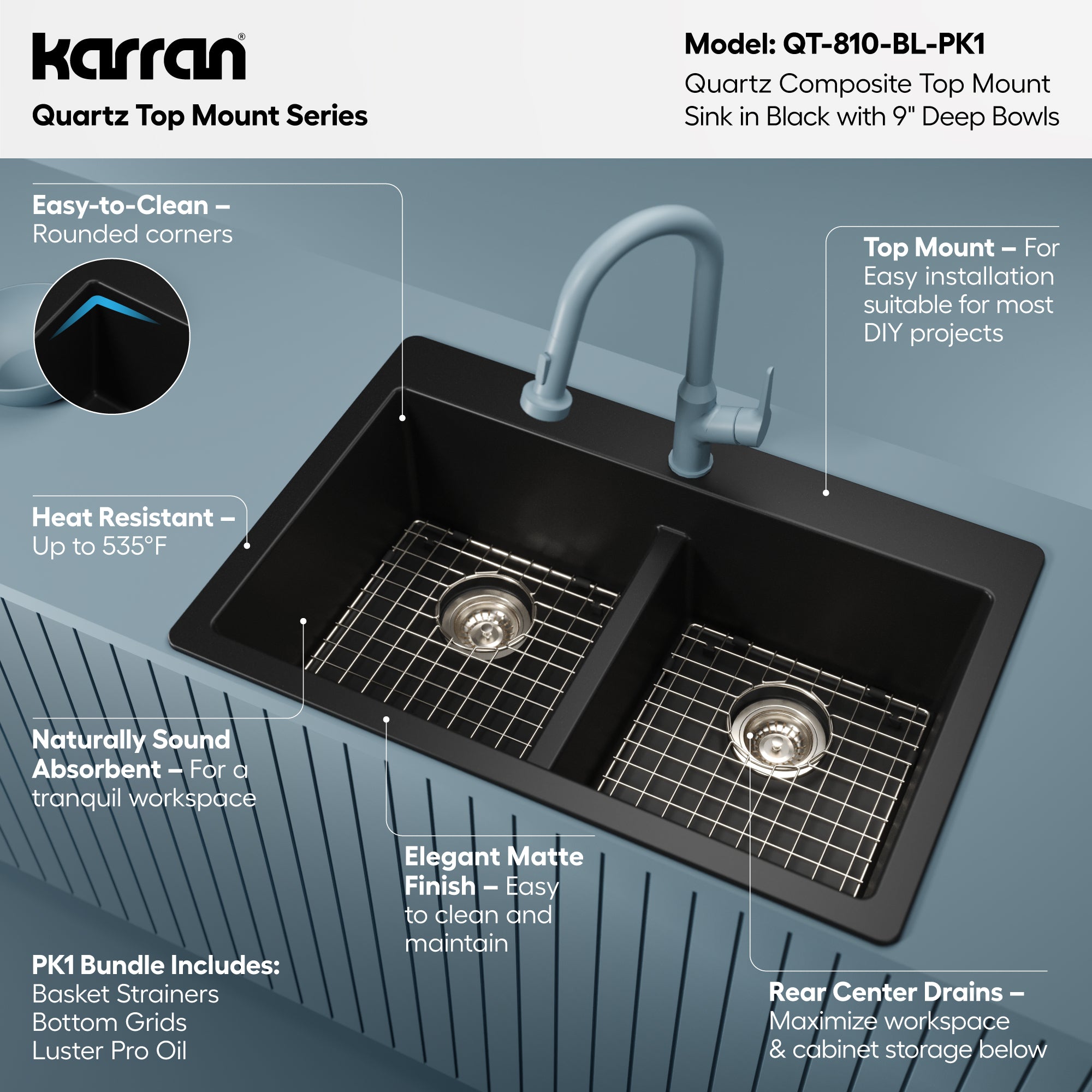 Alternative View of Karran 33" Drop In/Topmount Quartz Composite Kitchen Sink with Accessories, 50/50 Double Bowl, Black, QT-810-BL-PK1