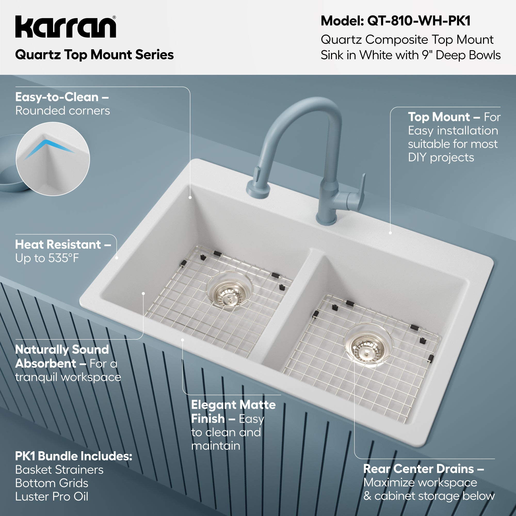 Alternative View of Karran 33" Drop In/Topmount Quartz Composite Kitchen Sink with Accessories, 50/50 Double Bowl, White, QT-810-WH-PK1