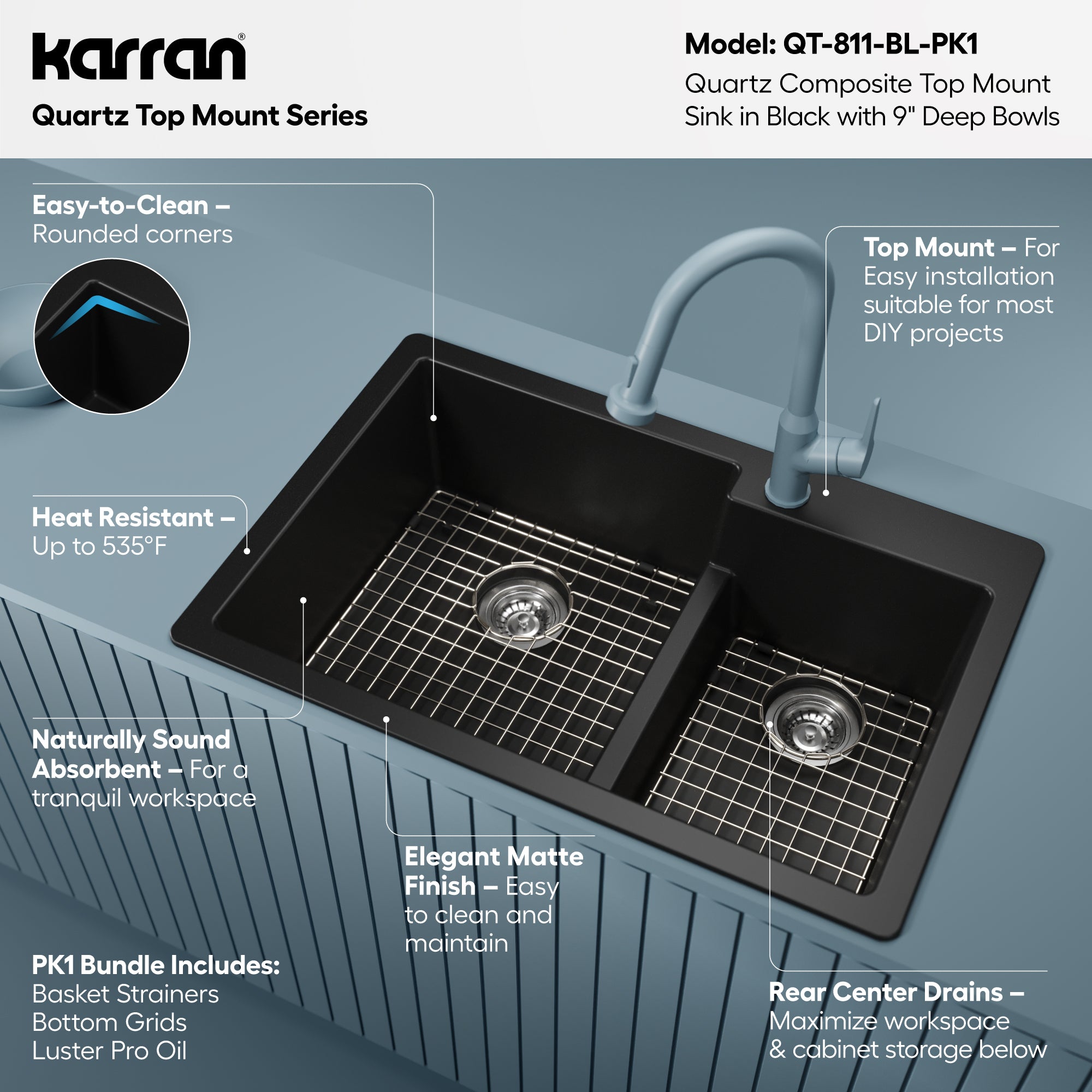 Alternative View of Karran 33" Drop In/Topmount Quartz Composite Kitchen Sink with Accessories, 60/40 Double Bowl, Black, QT-811-BL-PK1