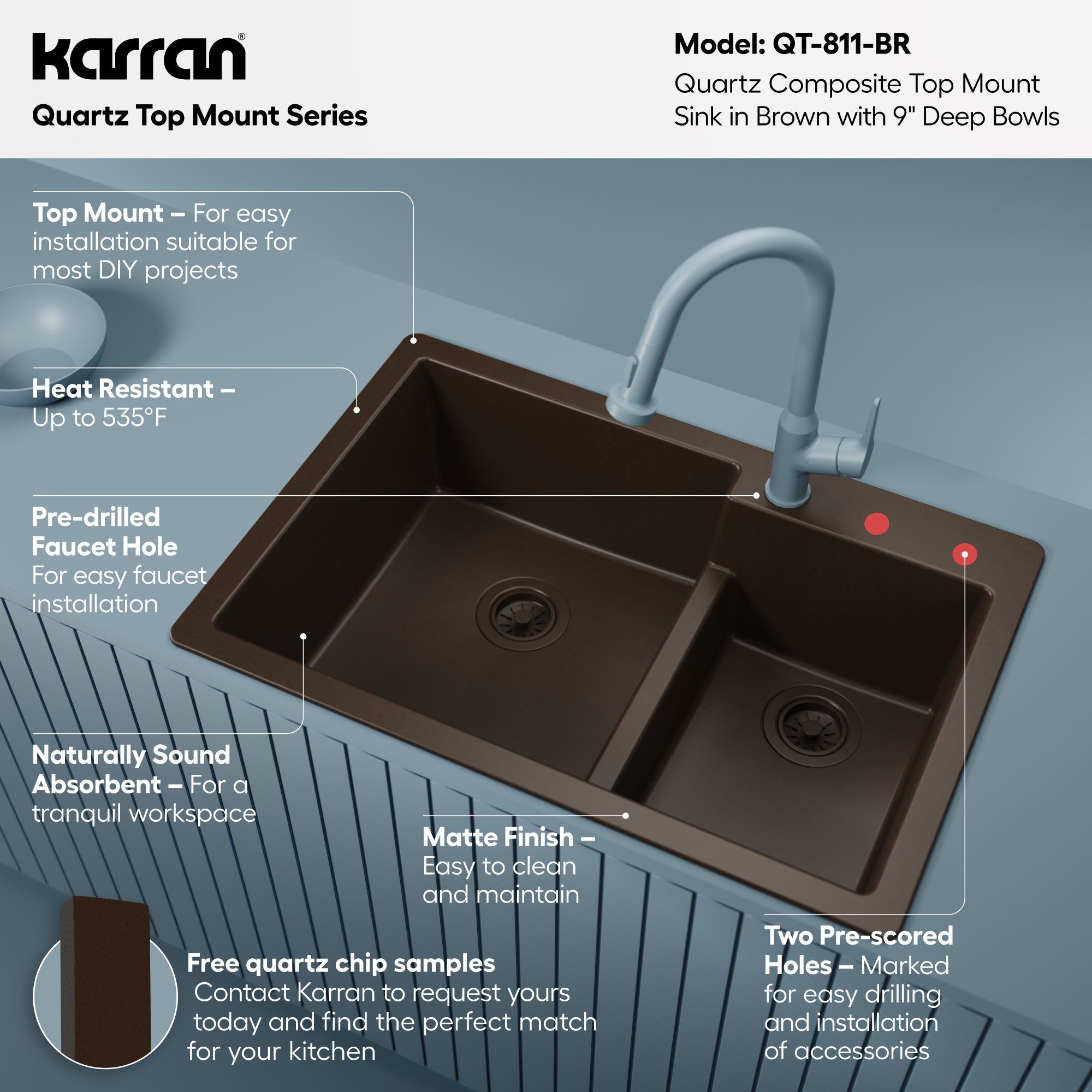 Alternative View of Karran 33" Drop In/Topmount Quartz Composite Kitchen Sink, 60/40 Double Bowl, Brown, QT-811-BR