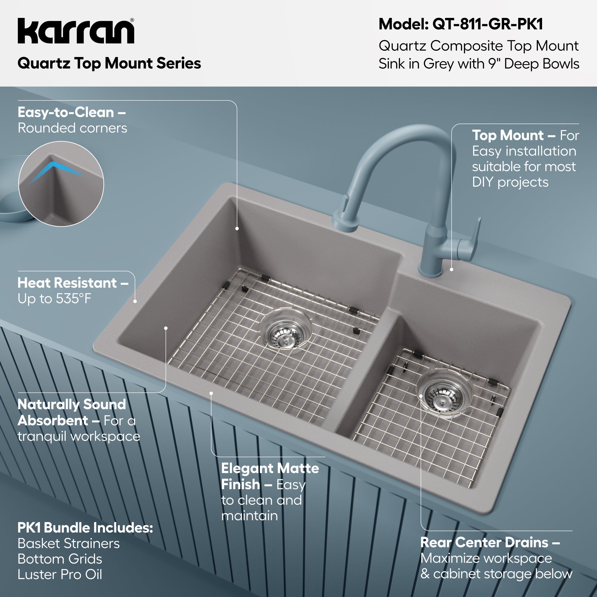 Alternative View of Karran 33" Drop In/Topmount Quartz Composite Kitchen Sink with Accessories, 60/40 Double Bowl, Grey, QT-811-GR-PK1