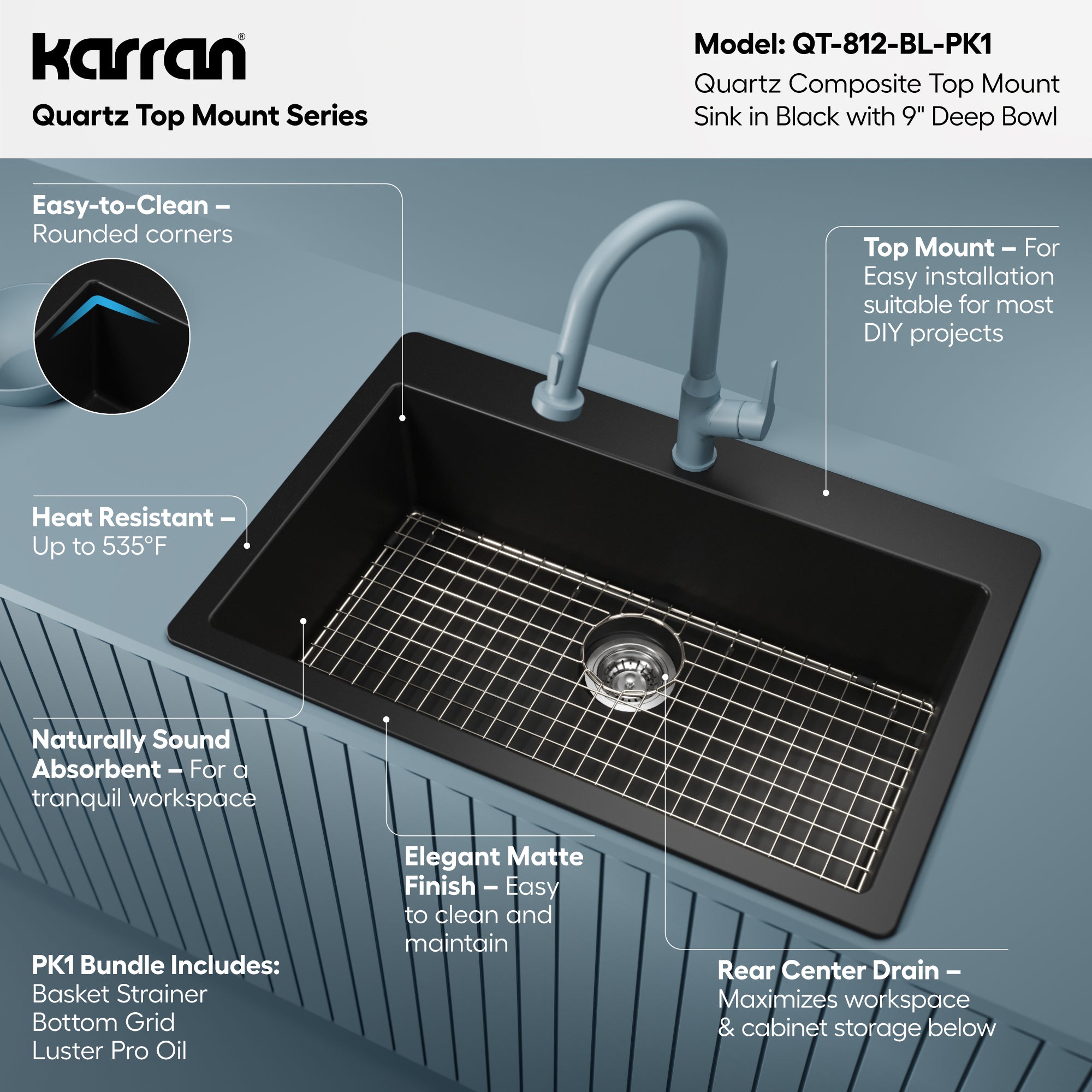 Alternative View of Karran 33" Drop In/Topmount Quartz Composite Kitchen Sink with Accessories, Black, QT-812-BL-PK1