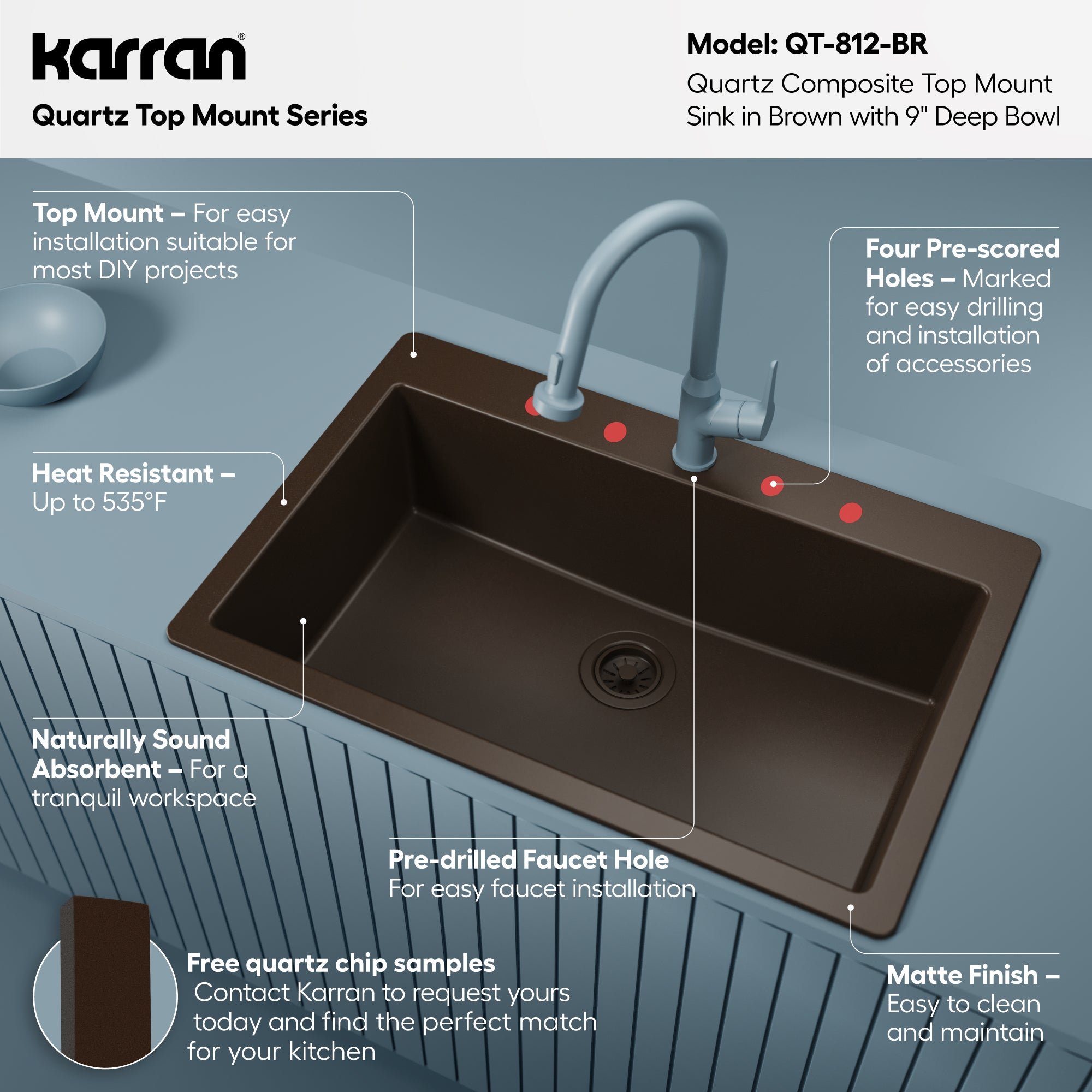 Alternative View of Karran 33" Drop In/Topmount Quartz Composite Kitchen Sink, Brown, QT-812-BR