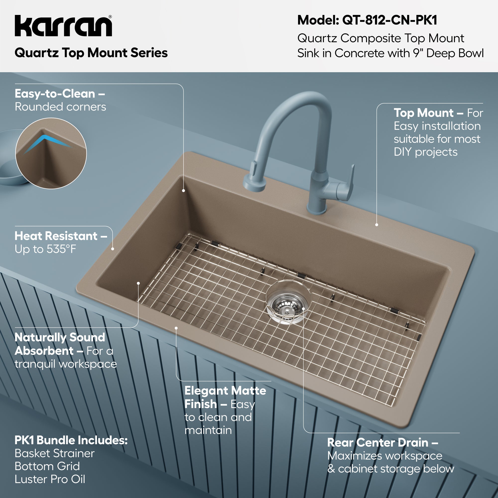 Alternative View of Karran 33" Drop In/Topmount Quartz Composite Kitchen Sink with Accessories, Concrete, QT-812-CN-PK1