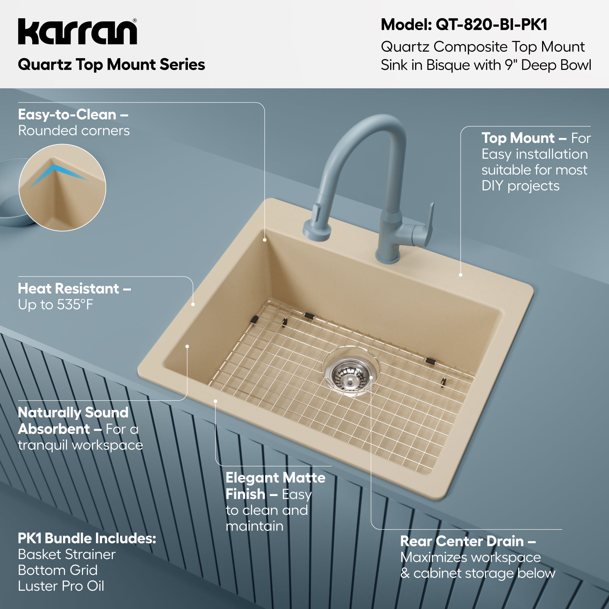 Alternative View of Karran 25" Drop In/Topmount Quartz Composite Kitchen Sink with Accessories, Bisque, QT-820-BI-PK1