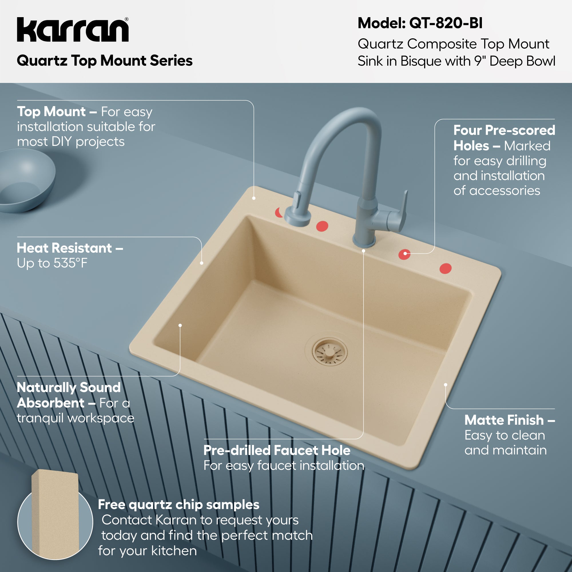 Alternative View of Karran 25" Drop In/Topmount Quartz Composite Kitchen Sink, Bisque, QT-820-BI
