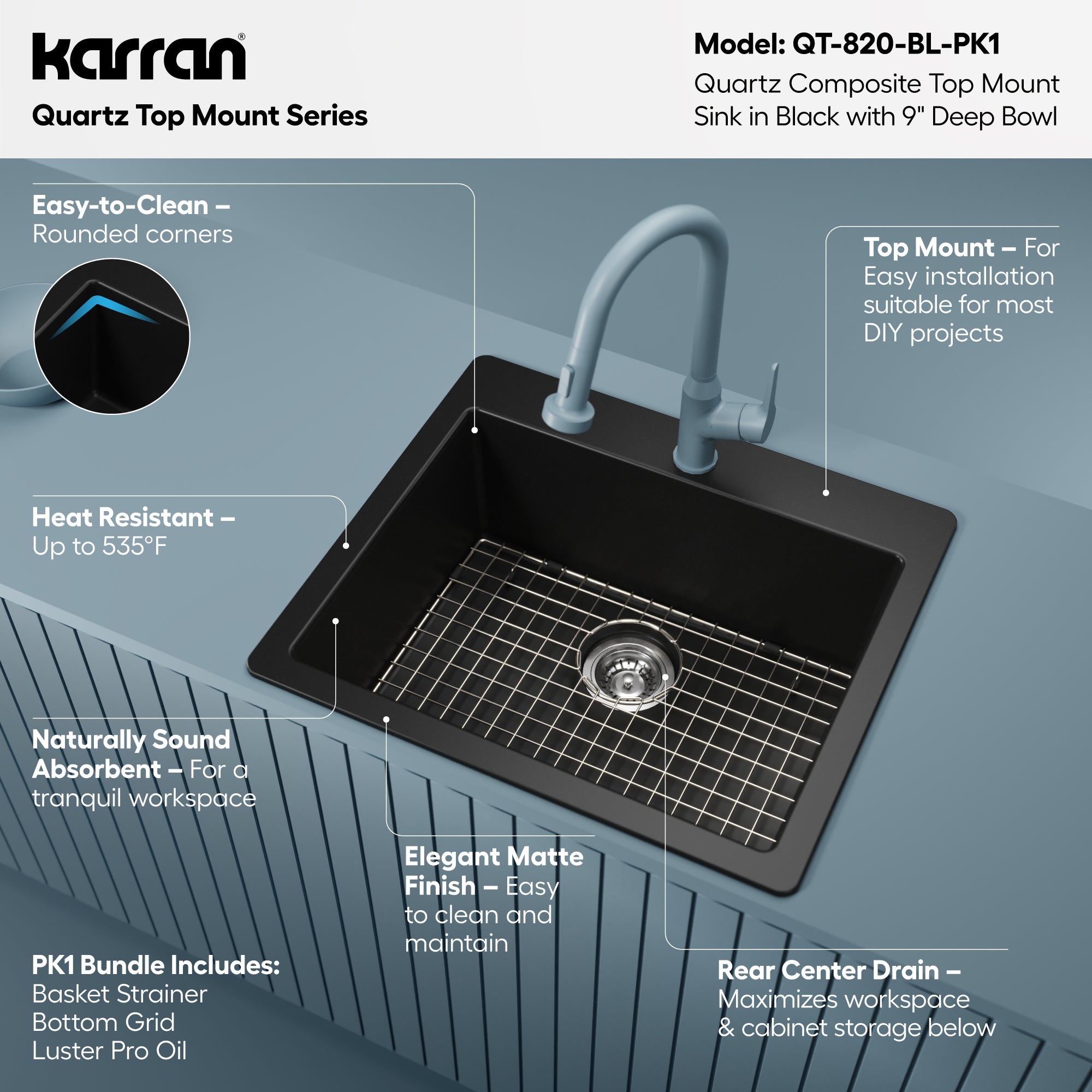 Alternative View of Karran 25" Drop In/Topmount Quartz Composite Kitchen Sink with Accessories, Black, QT-820-BL-PK1