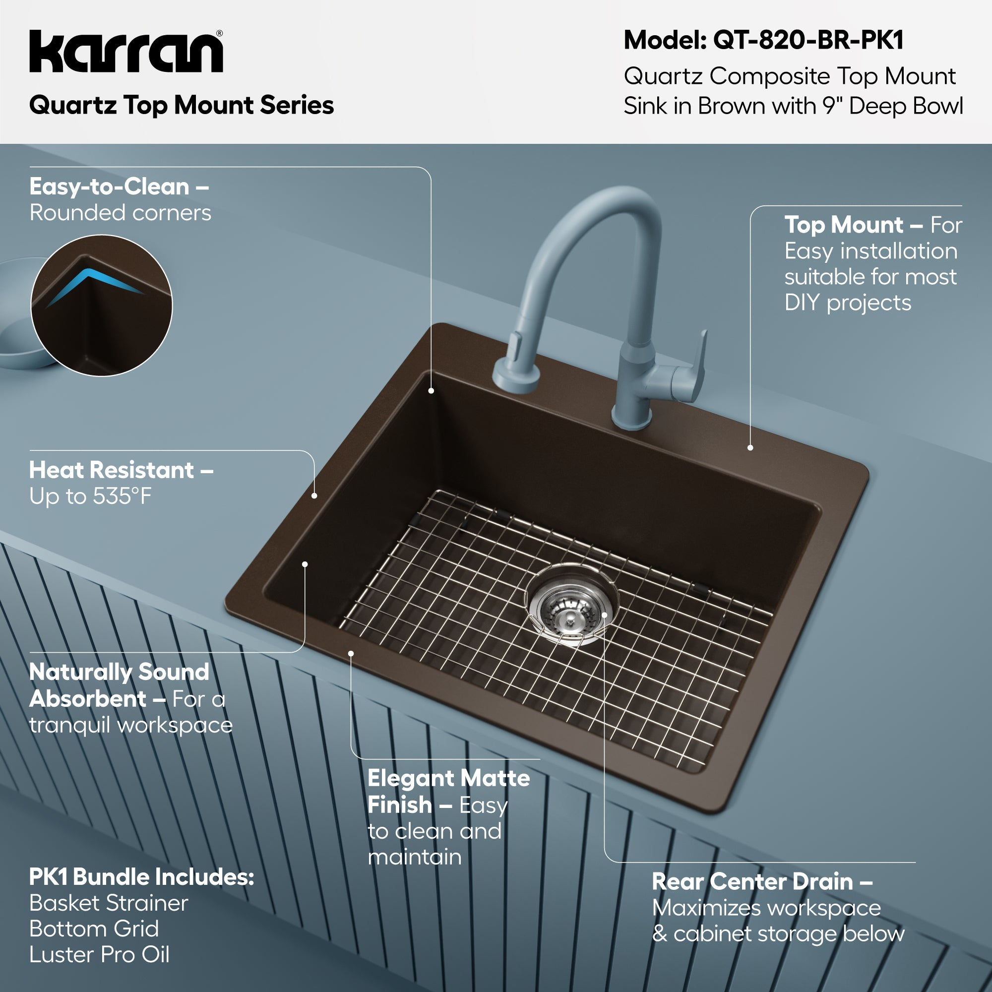 Alternative View of Karran 25" Drop In/Topmount Quartz Composite Kitchen Sink with Accessories, Brown, QT-820-BR-PK1