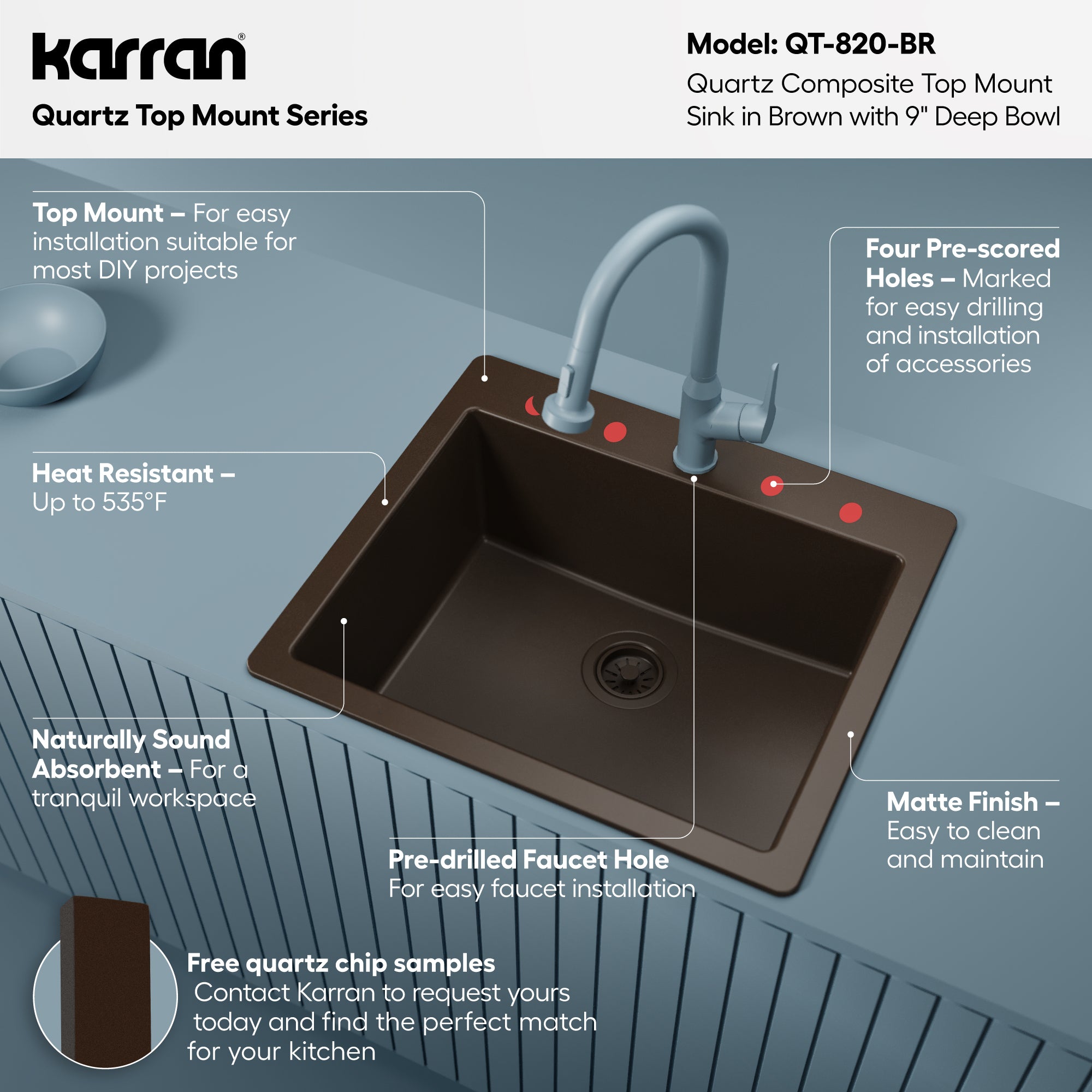 Alternative View of Karran 25" Drop In/Topmount Quartz Composite Kitchen Sink, Brown, QT-820-BR
