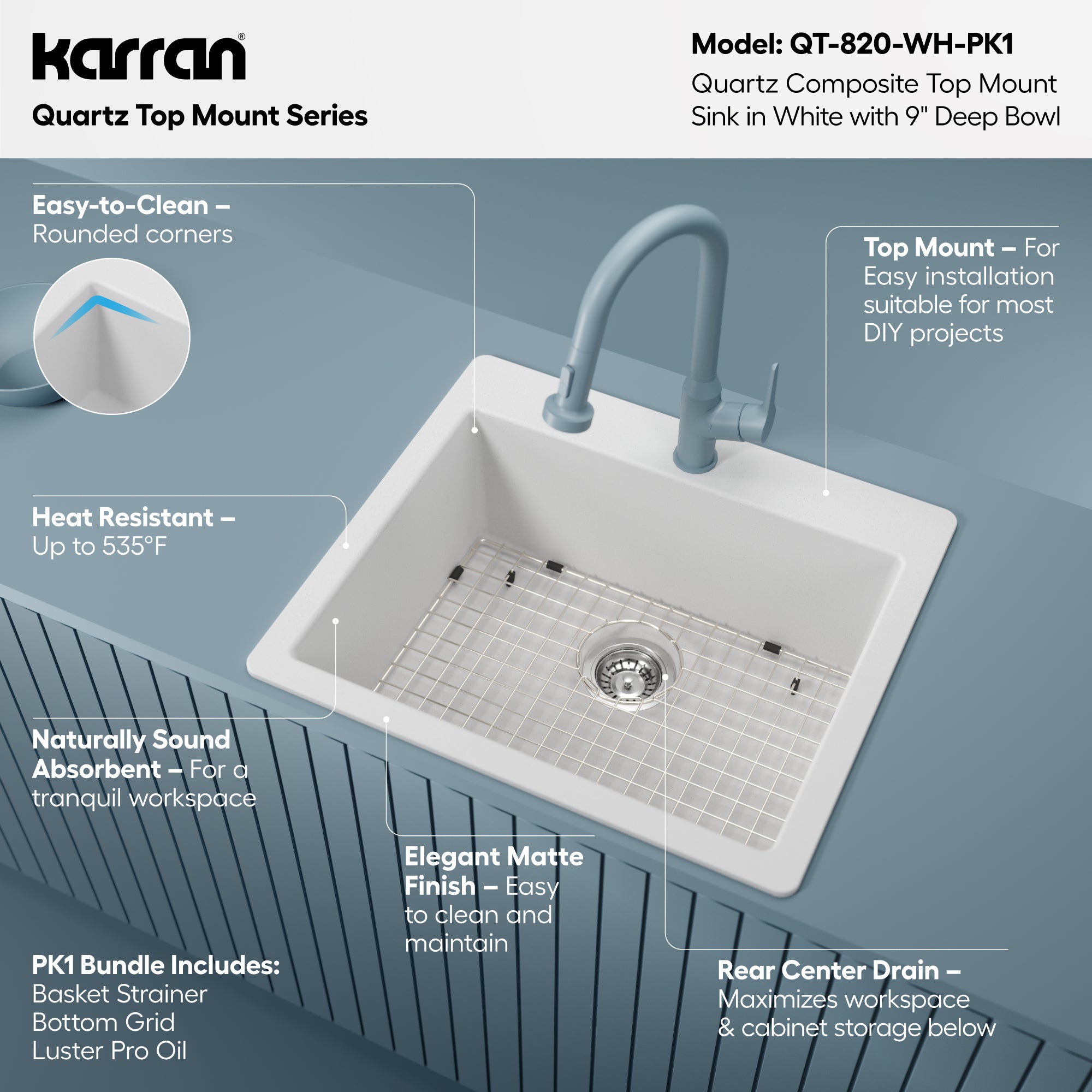 Alternative View of Karran 25" Drop In/Topmount Quartz Composite Kitchen Sink with Accessories, White, QT-820-WH-PK1