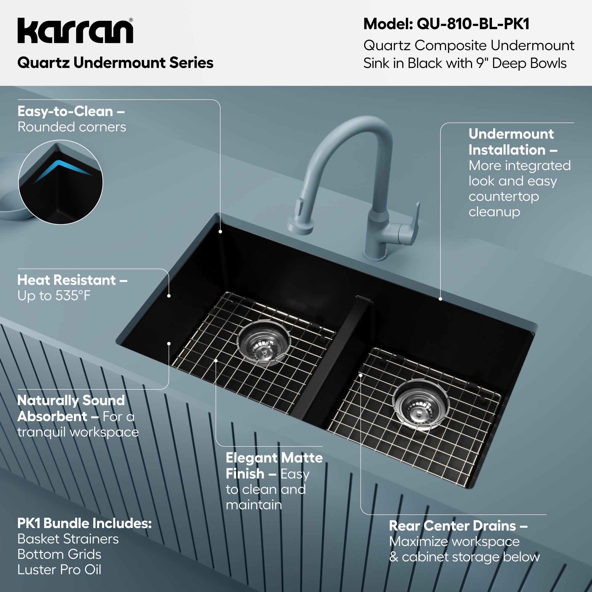 Alternative View of Karran 32" Undermount Quartz Composite Kitchen Sink with Accessories, 50/50 Double Bowl, Black, QU-810-BL-PK1