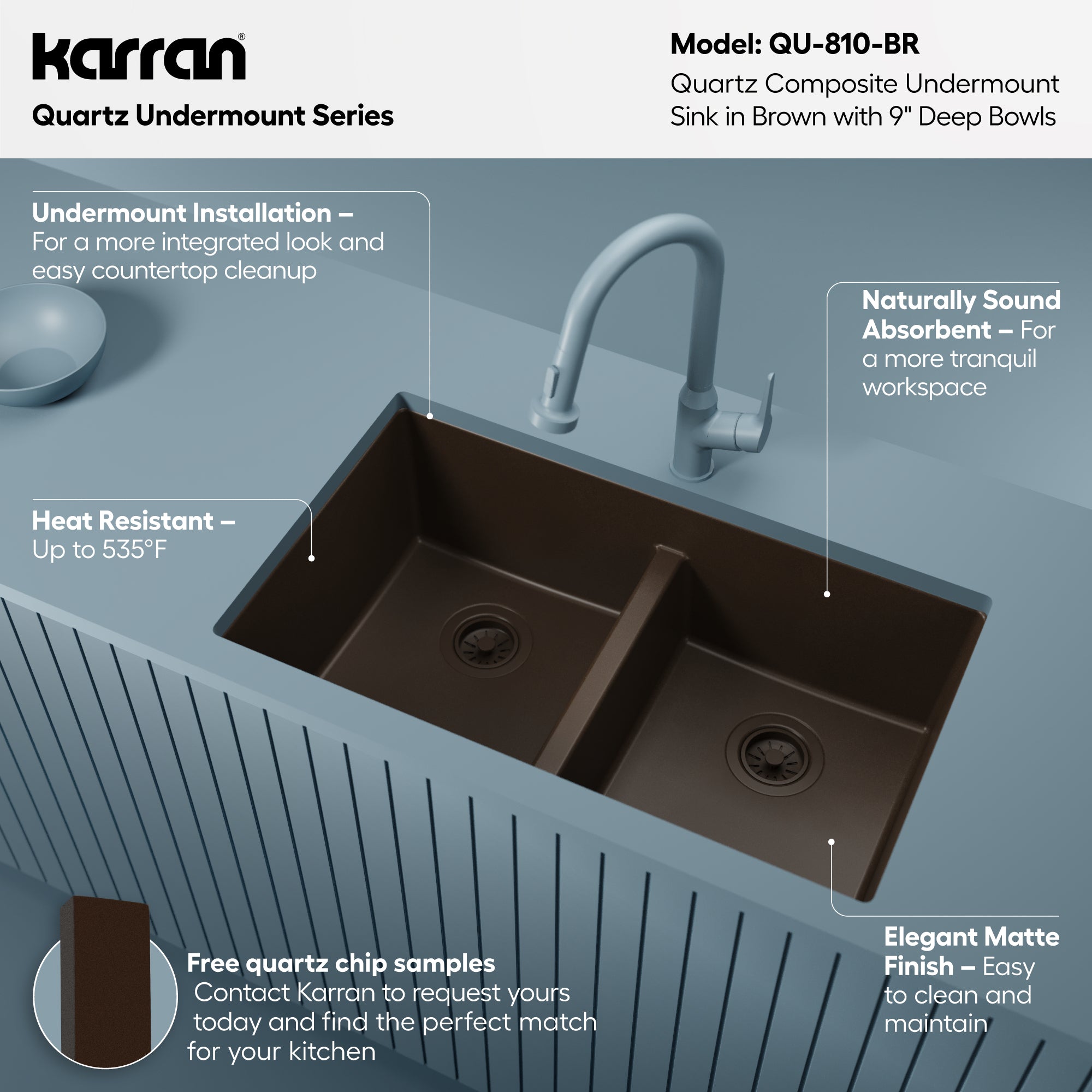 Alternative View of Karran 32" Undermount Quartz Composite Kitchen Sink, 50/50 Double Bowl, Brown, QU-810-BR
