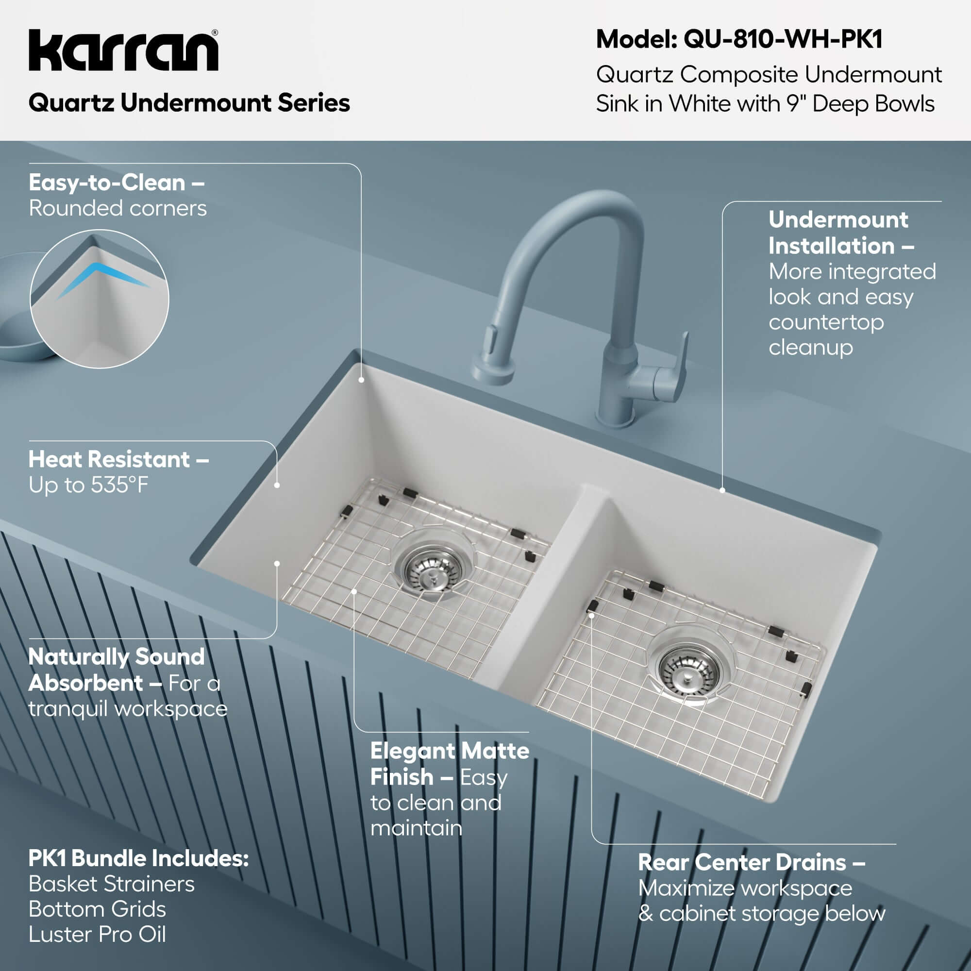 Alternative View of Karran 32" Undermount Quartz Composite Kitchen Sink with Accessories, 50/50 Double Bowl, White, QU-810-WH-PK1