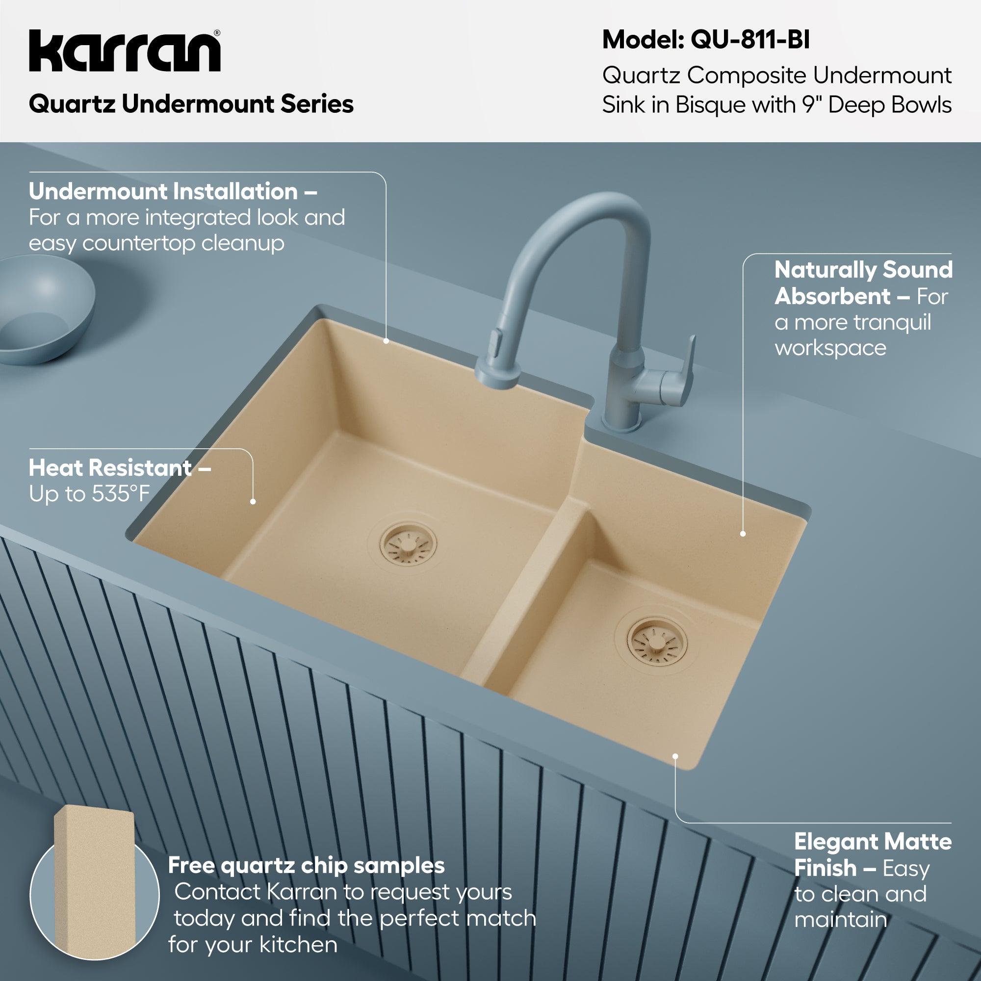 Alternative View of Karran 32" Undermount Quartz Composite Kitchen Sink, 60/40 Double Bowl, Bisque, QU-811-BI