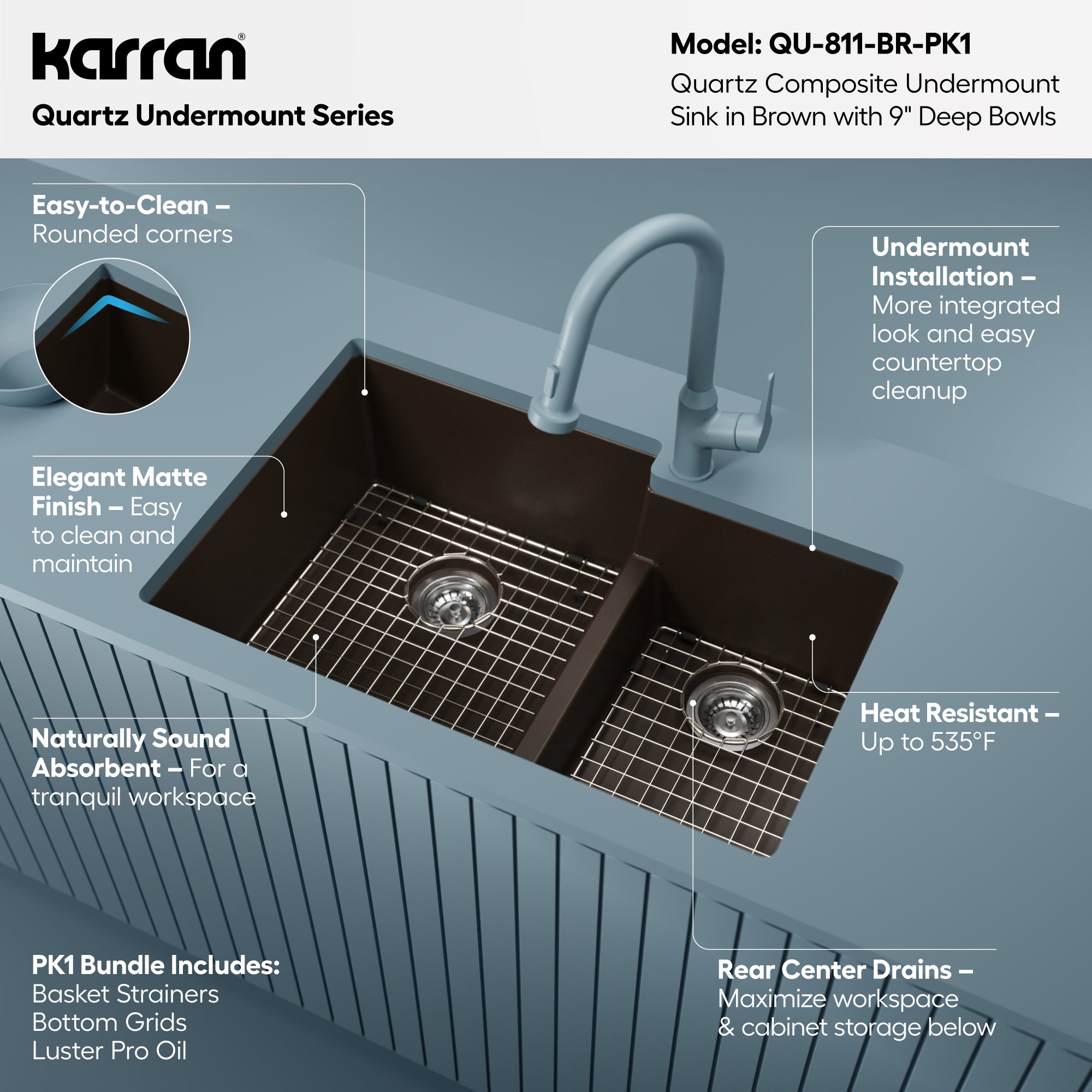 Alternative View of Karran 32" Undermount Quartz Composite Kitchen Sink with Accessories, 60/40 Double Bowl, Brown, QU-811-BR-PK1