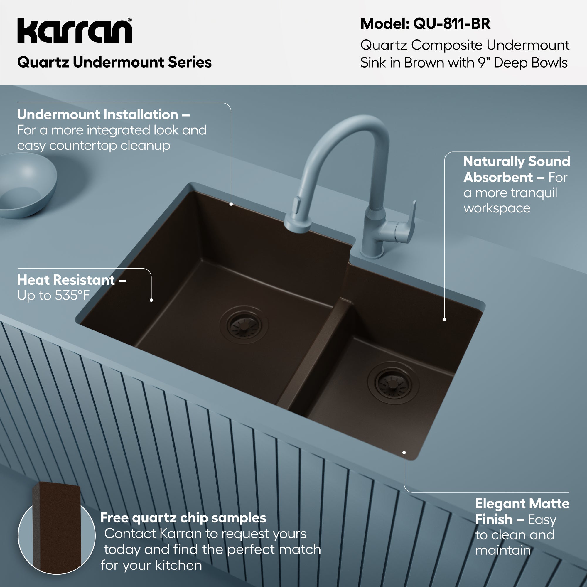 Alternative View of Karran 32" Undermount Quartz Composite Kitchen Sink, 60/40 Double Bowl, Brown, QU-811-BR