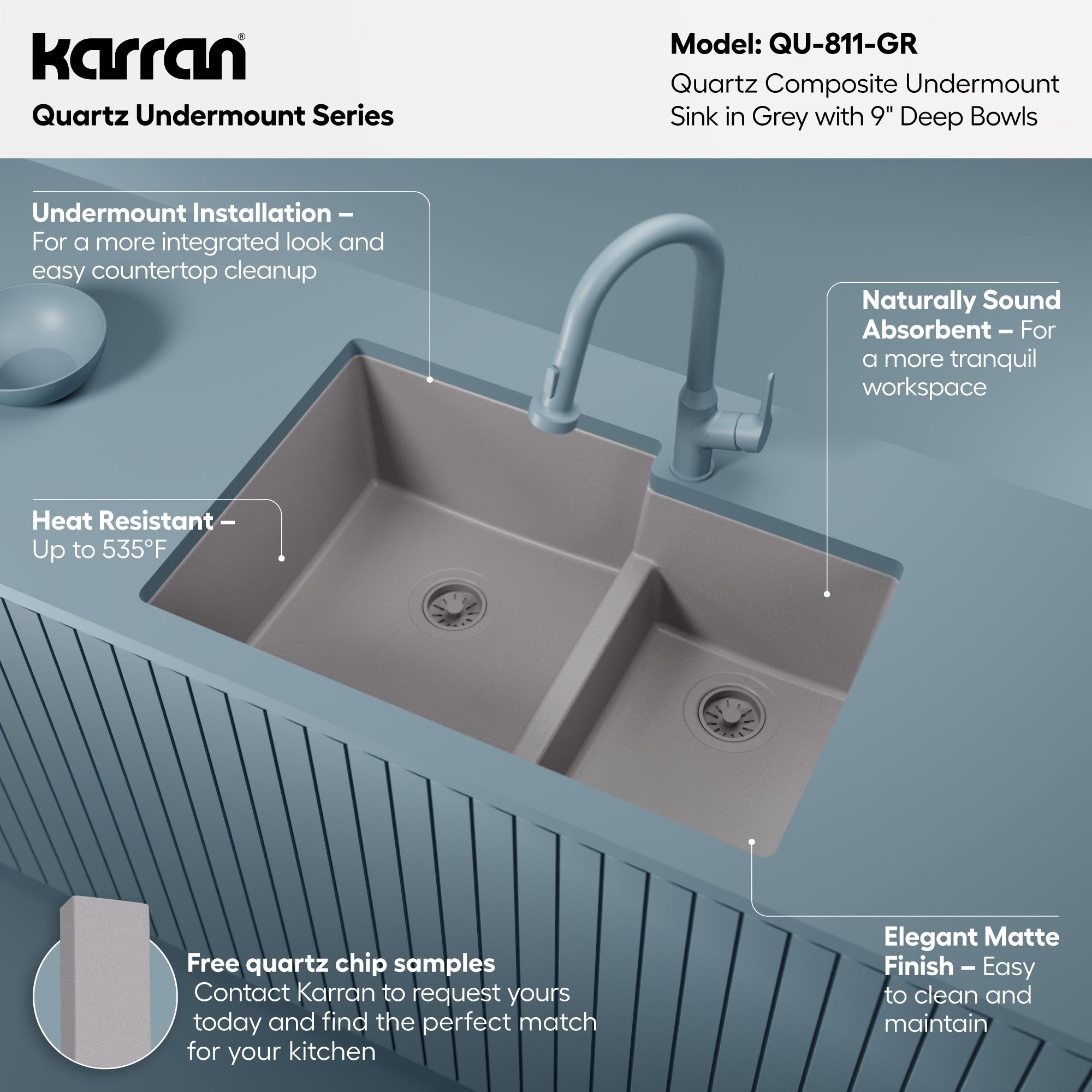 Alternative View of Karran 32" Undermount Quartz Composite Kitchen Sink, 60/40 Double Bowl, Grey, QU-811-GR