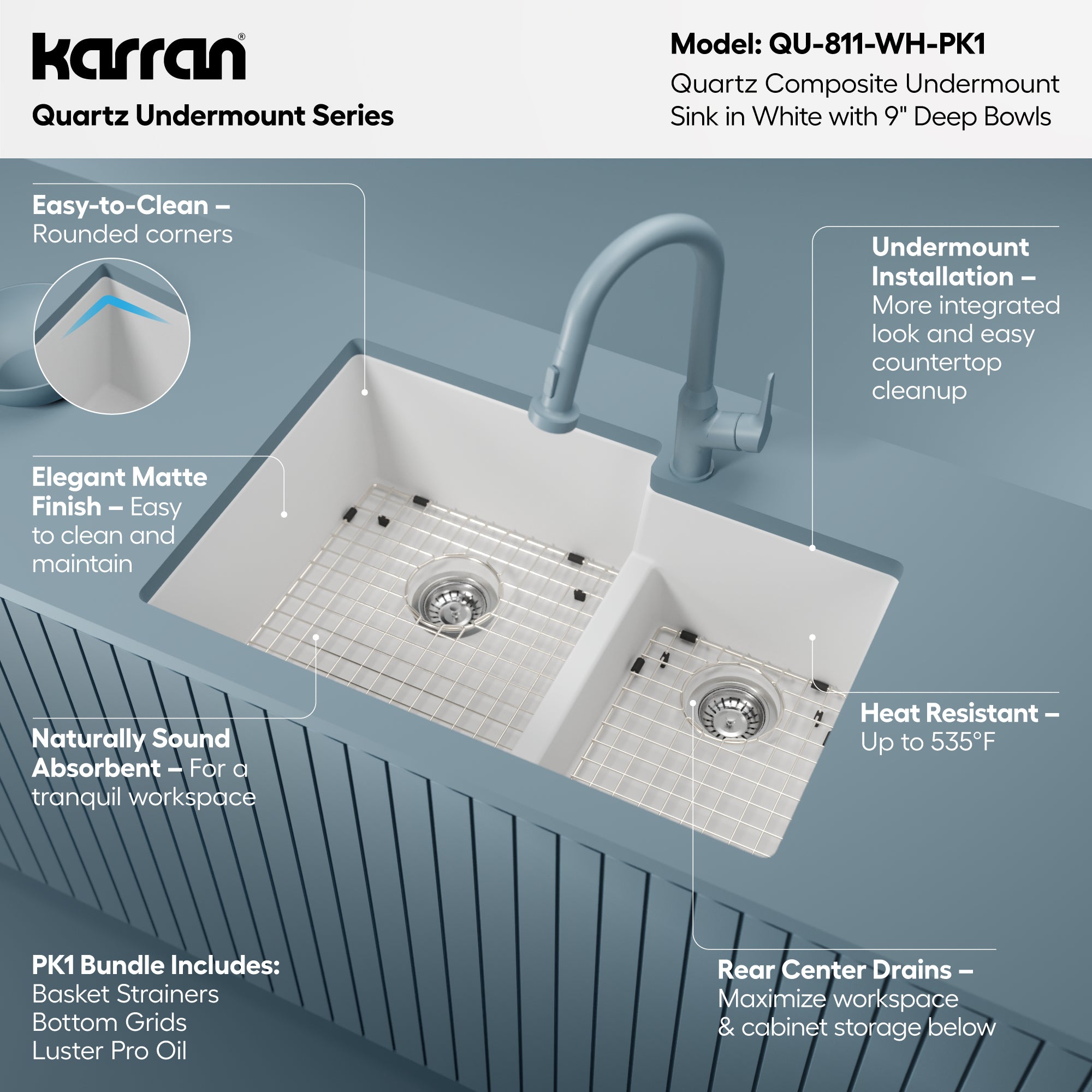 Alternative View of Karran 32" Undermount Quartz Composite Kitchen Sink with Accessories, 60/40 Double Bowl, White, QU-811-WH-PK1
