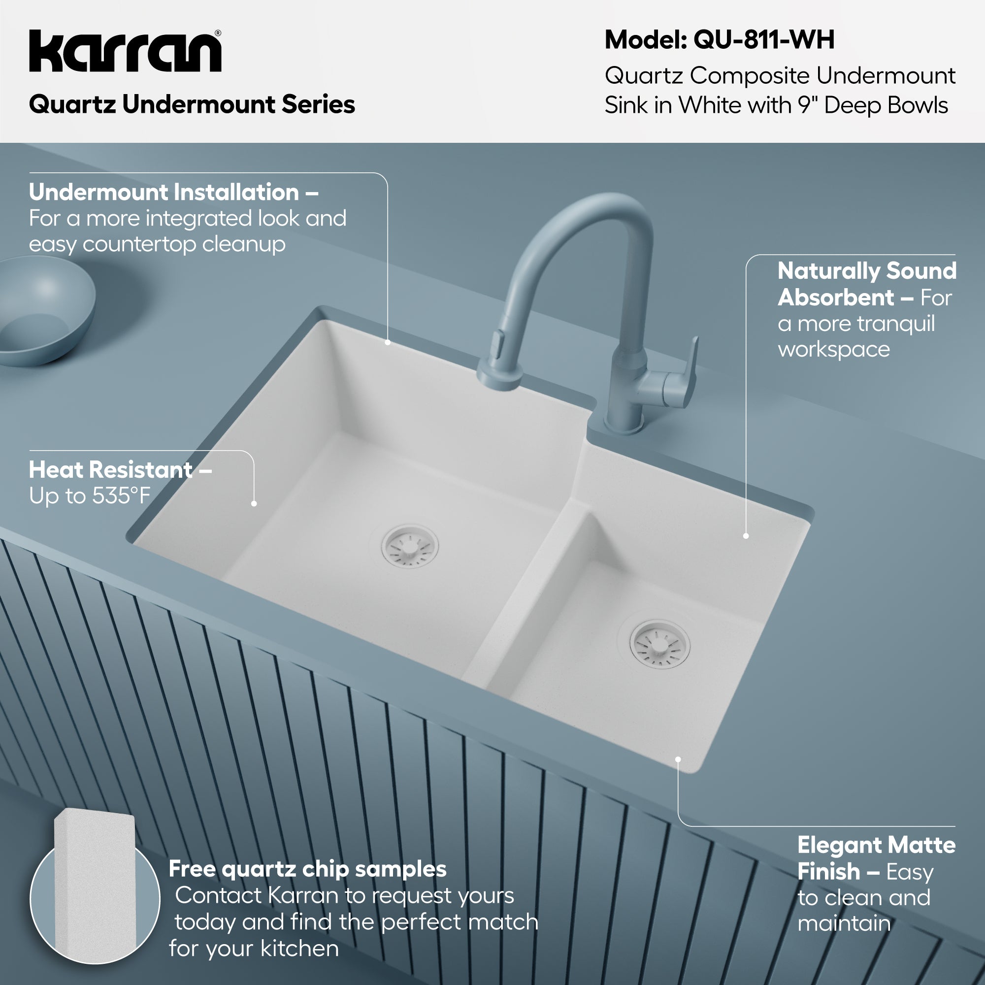 Alternative View of Karran 32" Undermount Quartz Composite Kitchen Sink, 60/40 Double Bowl, White, QU-811-WH