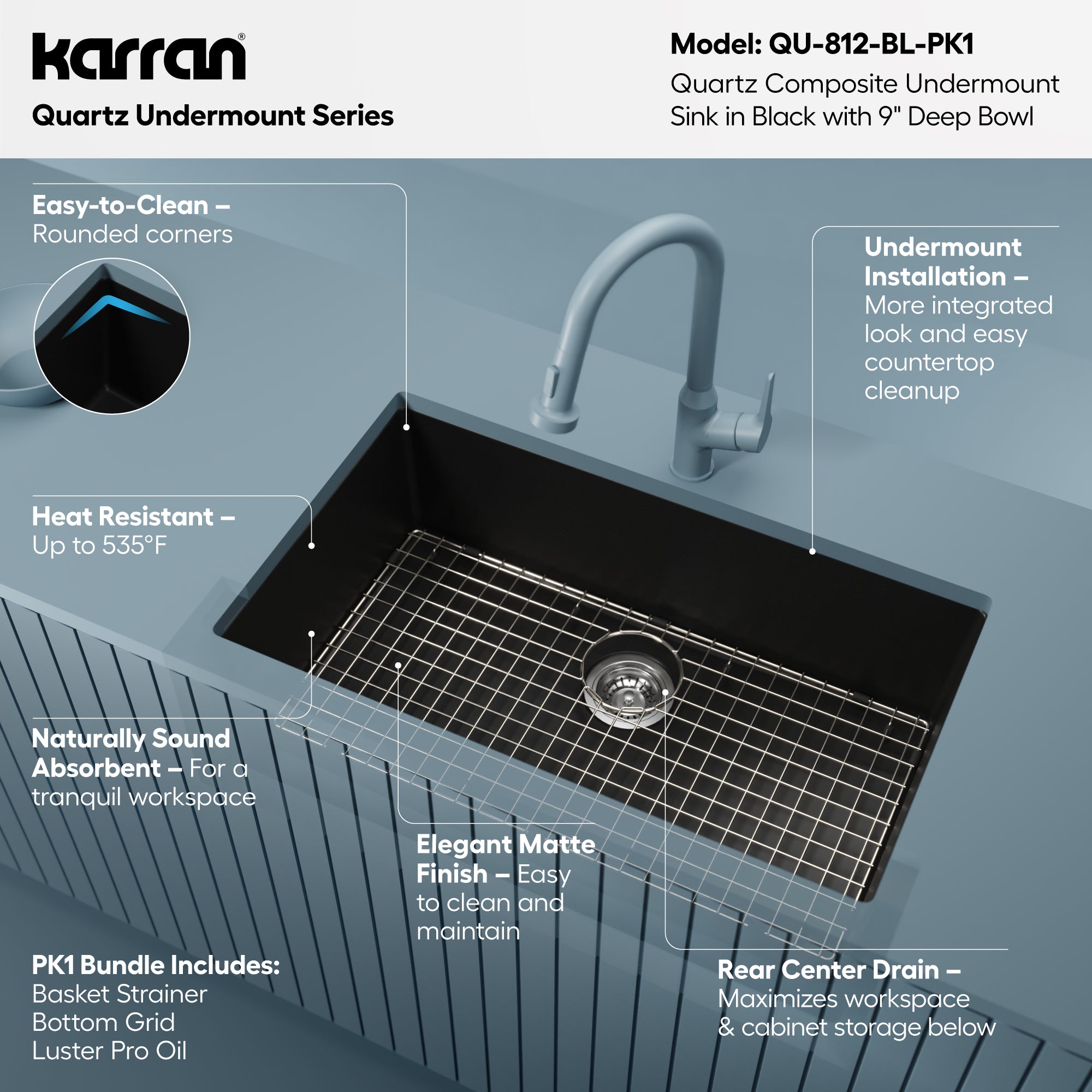 Alternative View of Karran 32" Undermount Quartz Composite Kitchen Sink with Accessories, Black, QU-812-BL-PK1