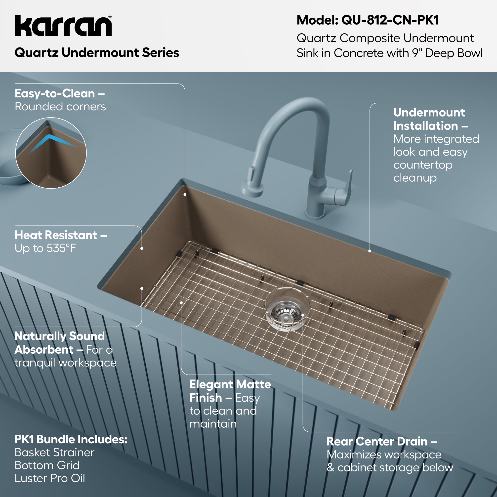 Alternative View of Karran 32" Undermount Quartz Composite Kitchen Sink with Accessories, Concrete, QU-812-CN-PK1
