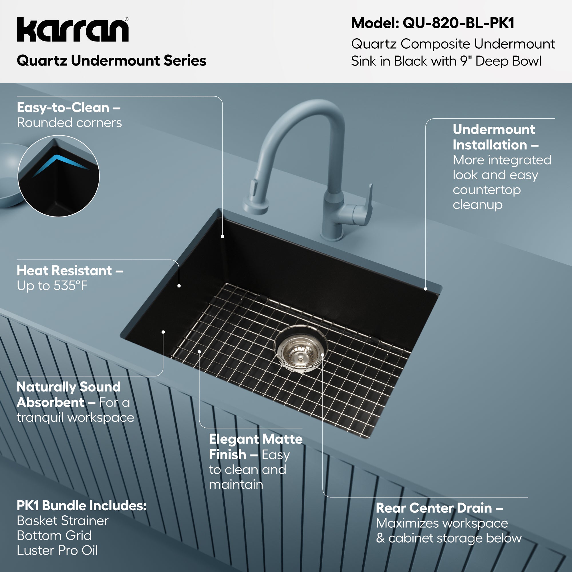 Alternative View of Karran 24" Undermount Quartz Composite Kitchen Sink with Accessories, Black, QU-820-BL-PK1