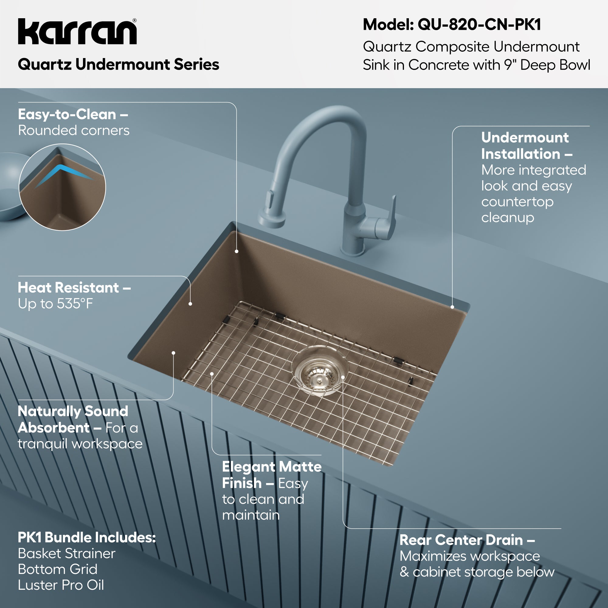 Alternative View of Karran 24" Undermount Quartz Composite Kitchen Sink with Accessories, Concrete, QU-820-CN-PK1