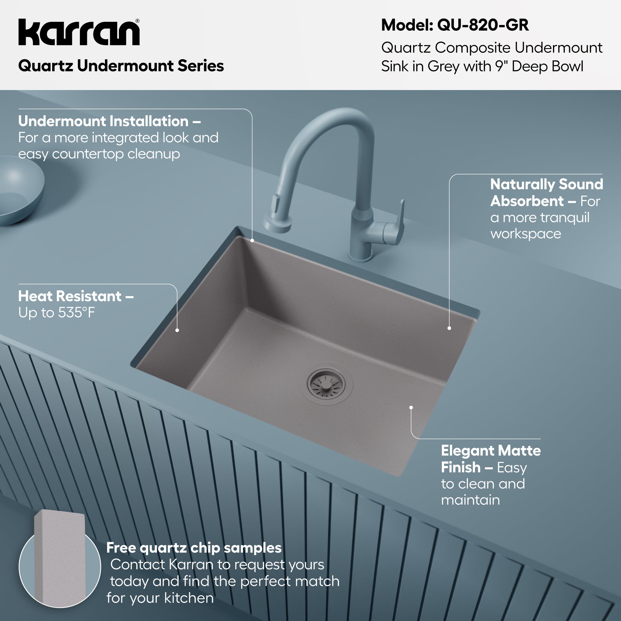 Alternative View of Karran 24" Undermount Quartz Composite Kitchen Sink, Grey, QU-820-GR