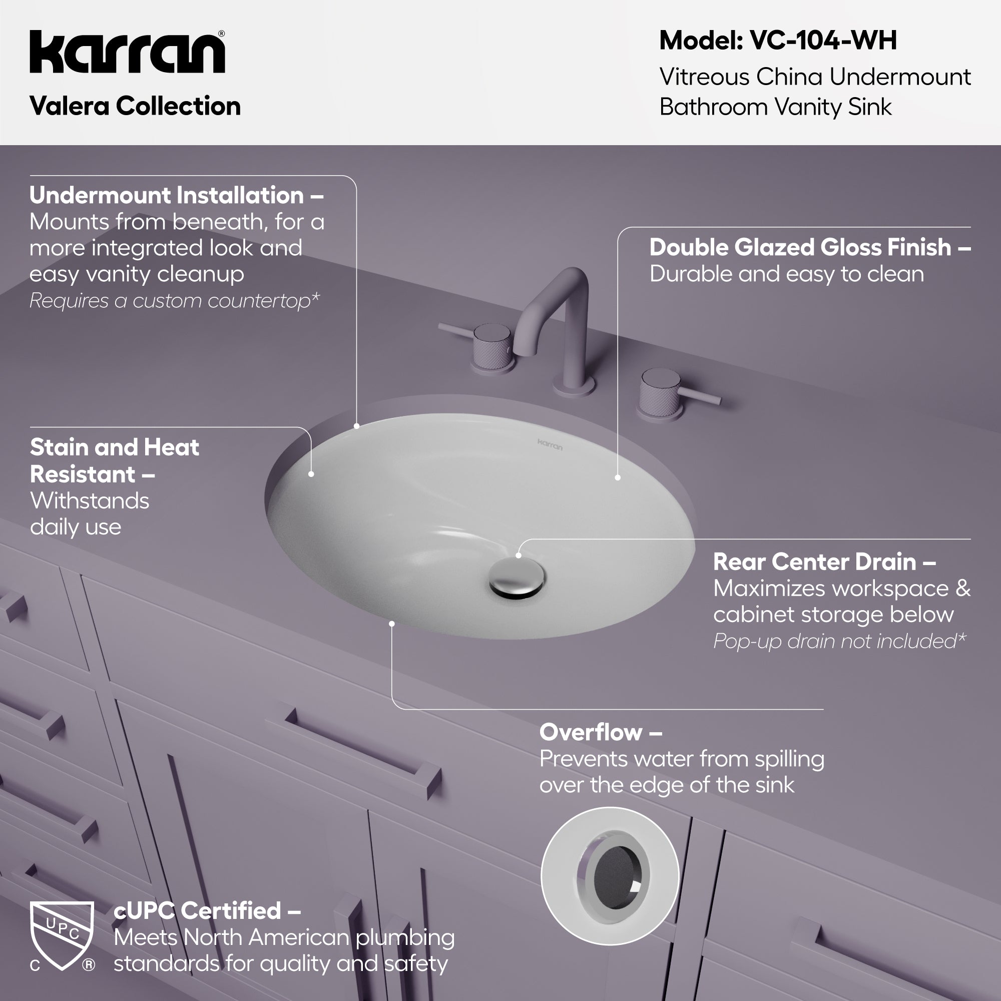 Karran Valera 15.75" x 19.25" Oval Undermount Vitreous China ADA Bathroom Sink, White, VC-104-WH