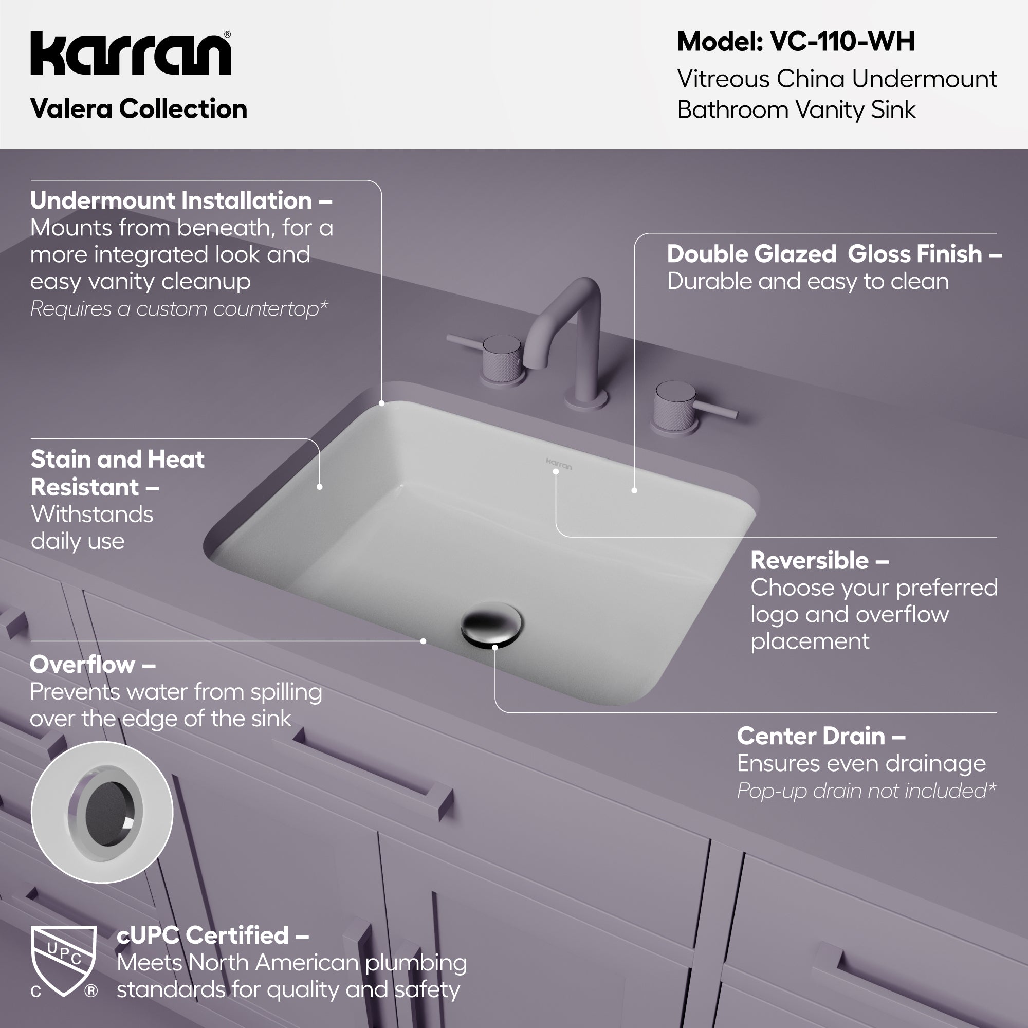 Karran 20 rectangular bathroom sink white informational image