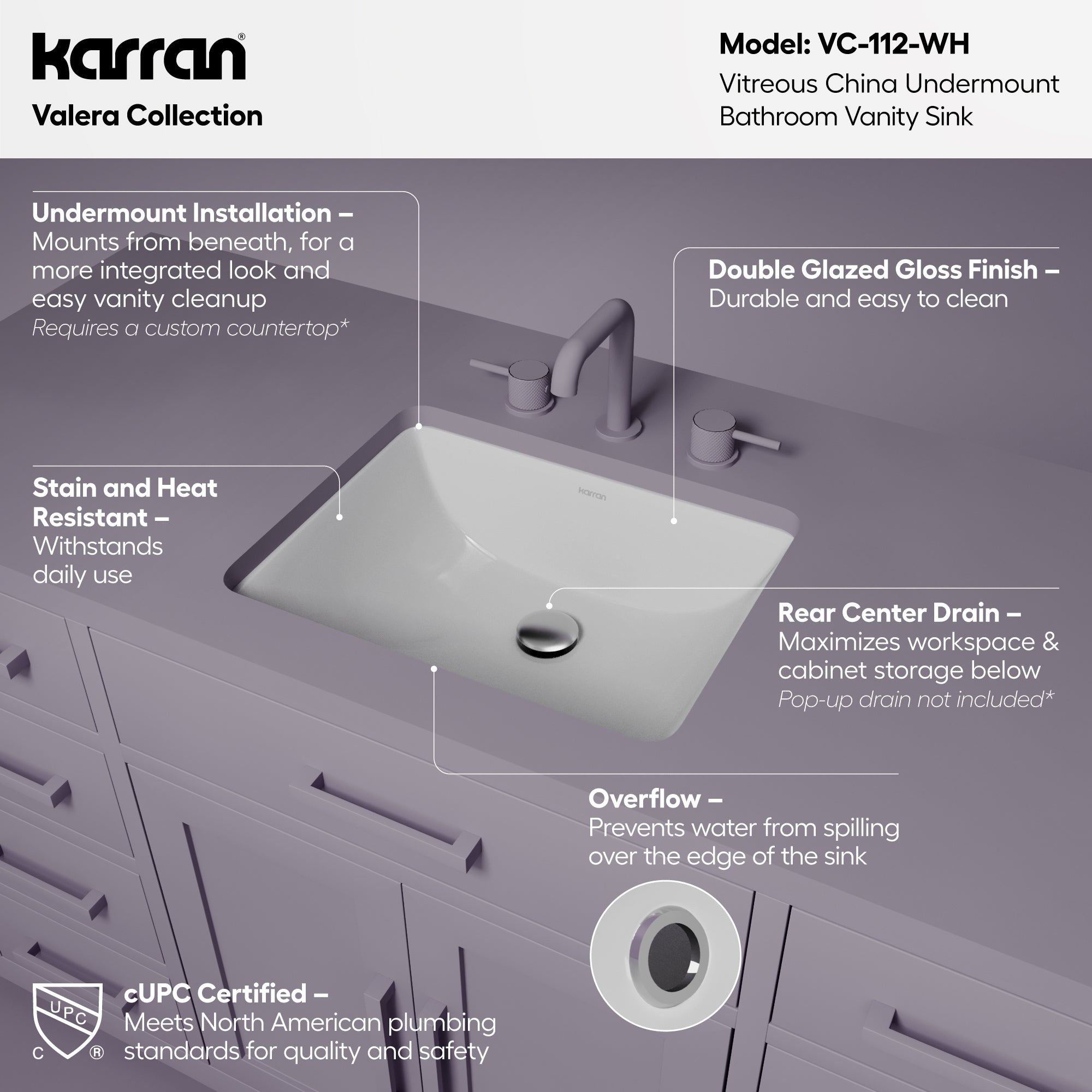 Karran Valera 14.875" x 18.125" Rectangular Undermount Vitreous China ADA Bathroom Sink, White, VC-112-WH