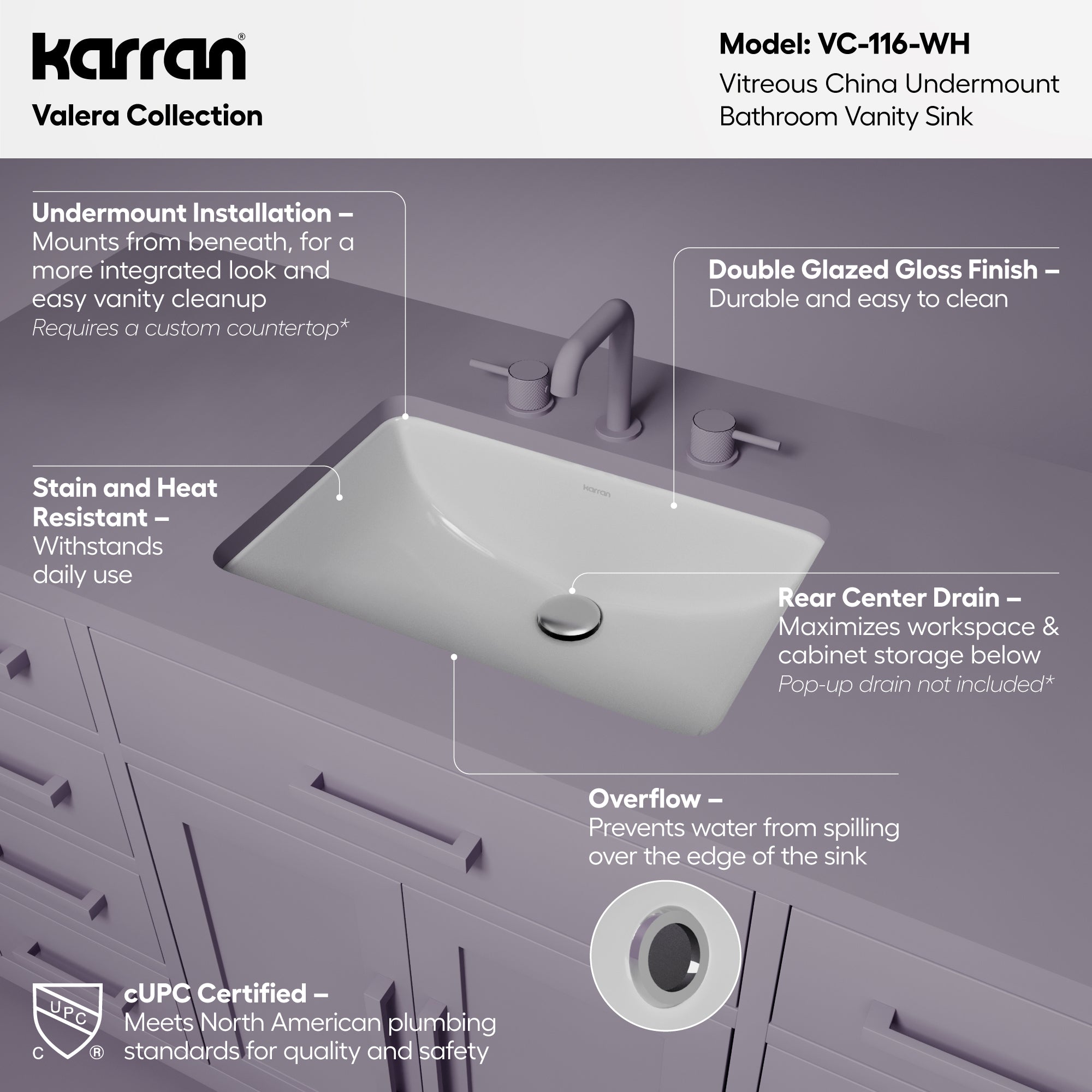 Karran Valera 14.5" x 21" Rectangular Undermount Vitreous China ADA Bathroom Sink, White, VC-116-WH