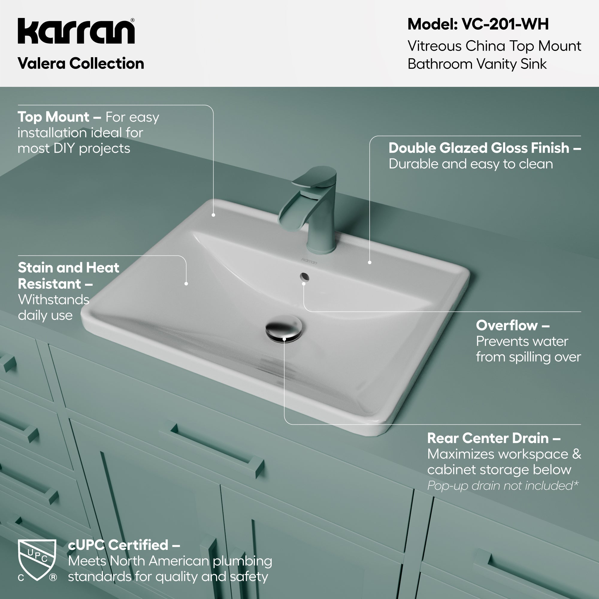 Alternative View of Karran Valera 20.375" x 16.125" x 4.5" Rectangular Vessel Vitreous China ADA Bathroom Sink, White, VC-201-WH