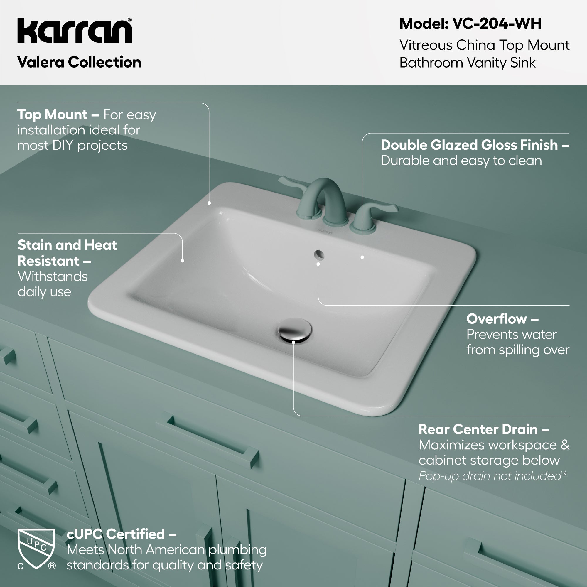 Karran Valera 18.125" x 21.25" Rectangular Drop In/Topmount Vitreous China ADA Bathroom Sink, White, VC-204-WH