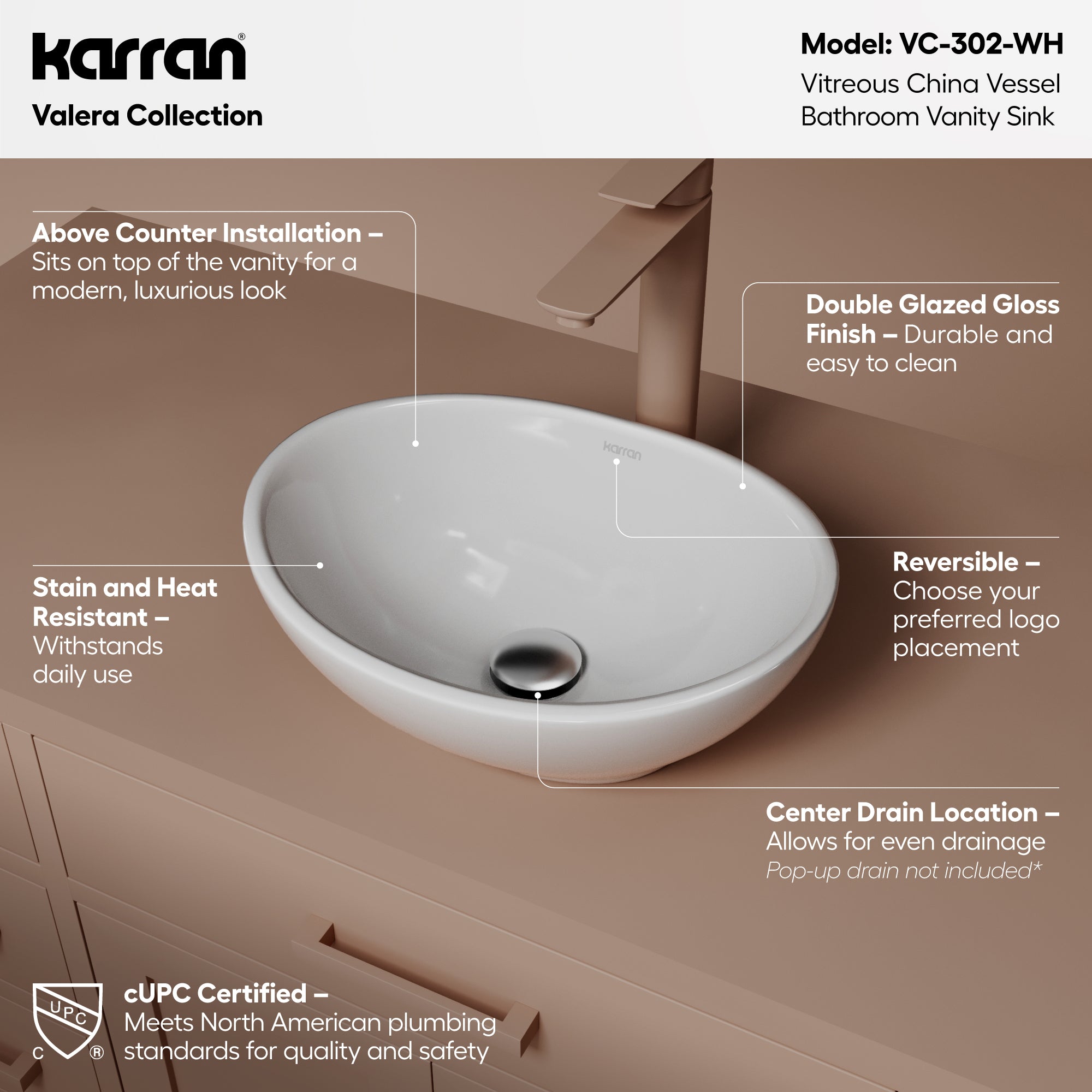 Alternative View of Karran Valera 15.5" x 13.25" x 4.5" Oval Vessel Vitreous China ADA Bathroom Sink, White, VC-302-WH
