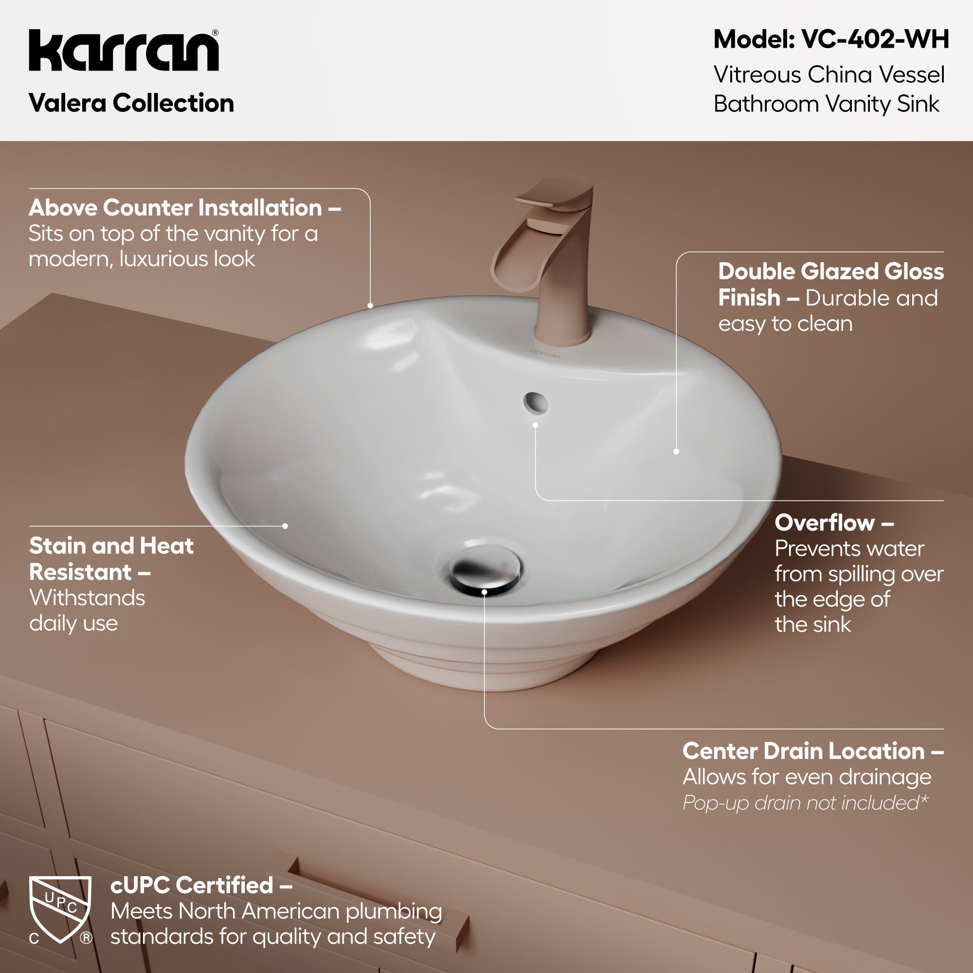 Alternative View of Karran Valera 18.875" x 18.875" x 5.75" Round Vessel Vitreous China ADA Bathroom Sink, White, VC-402-WH