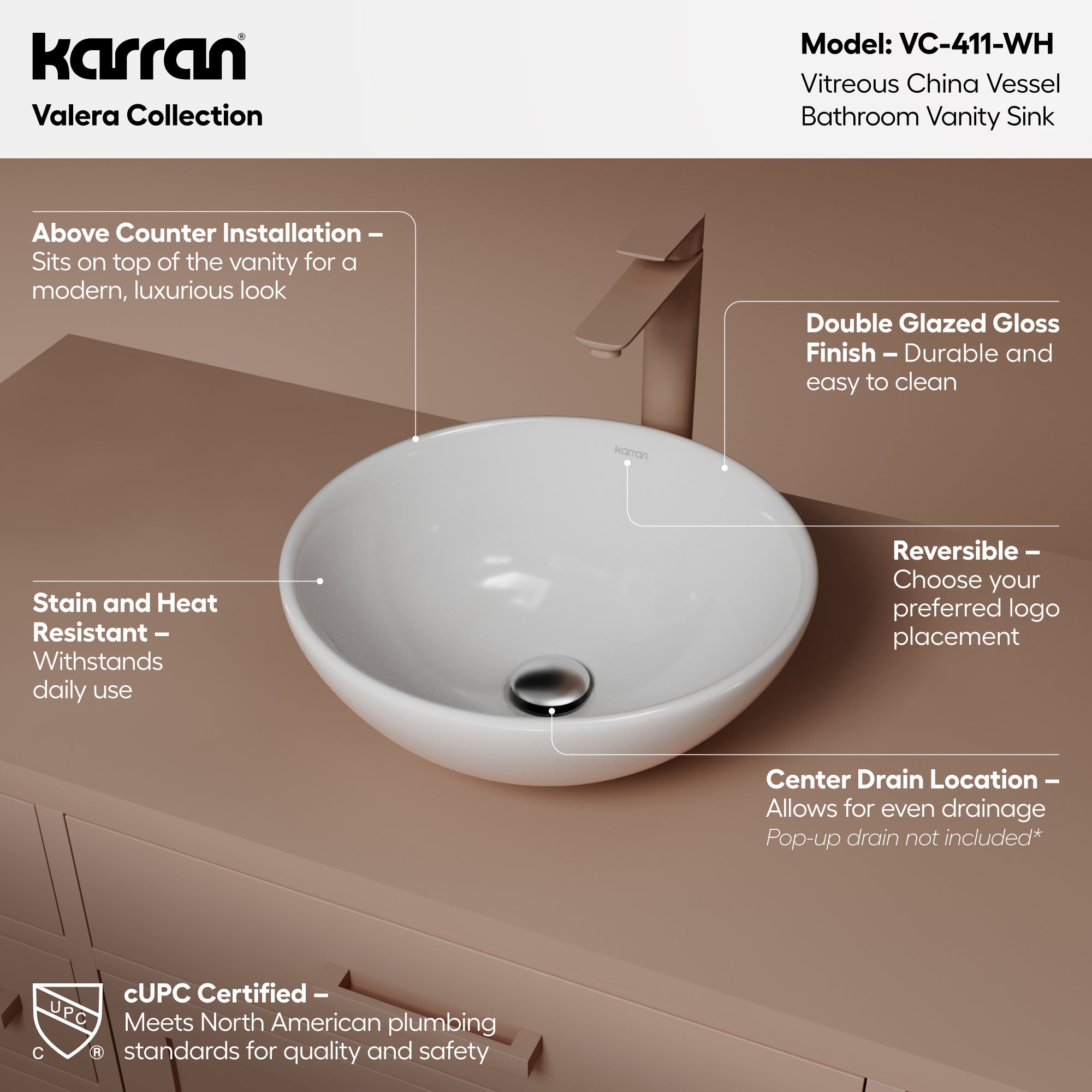 Alternative View of Karran Valera 15.5" x 15.5" x 5" Round Vessel Vitreous China ADA Bathroom Sink, White, VC-411-WH