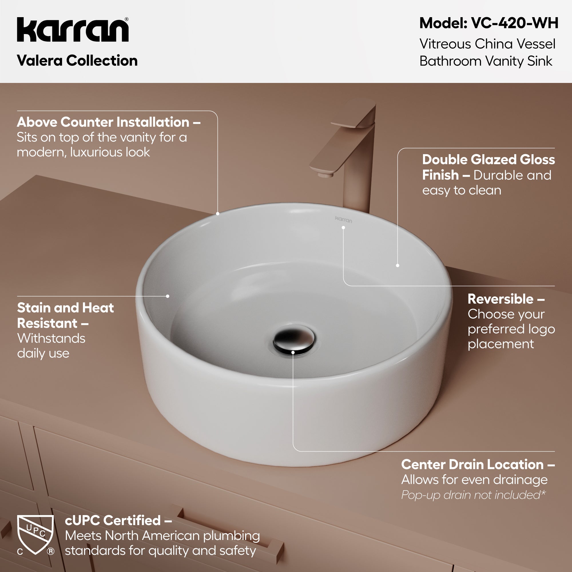Alternative View of Karran Valera 18" x 18" x 4.5" Round Vessel Vitreous China ADA Bathroom Sink, White, VC-420-WH