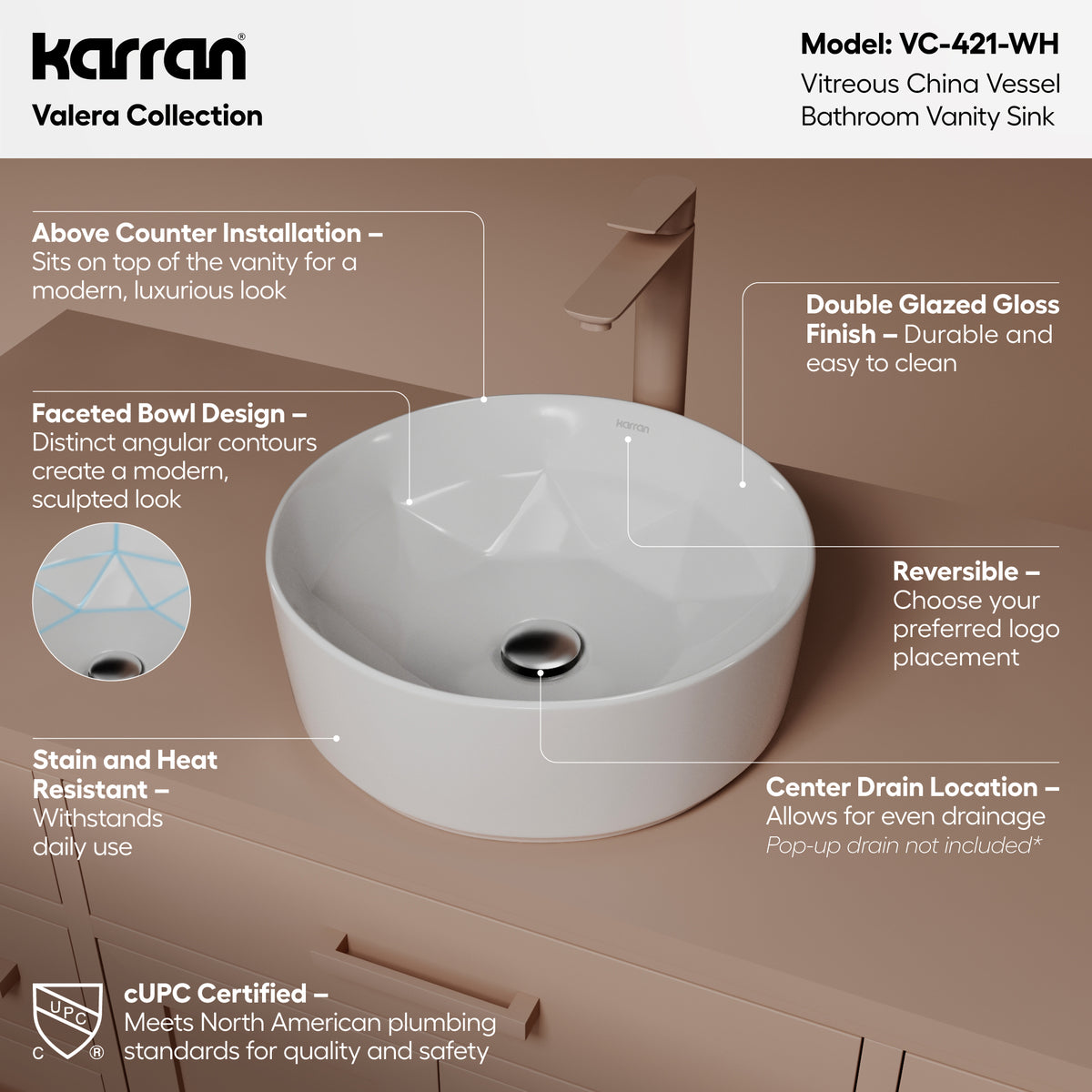 Alternative View of Karran Valera 16" x 16" x 4.5" Round Vessel Vitreous China ADA Bathroom Sink, White, VC-421-WH