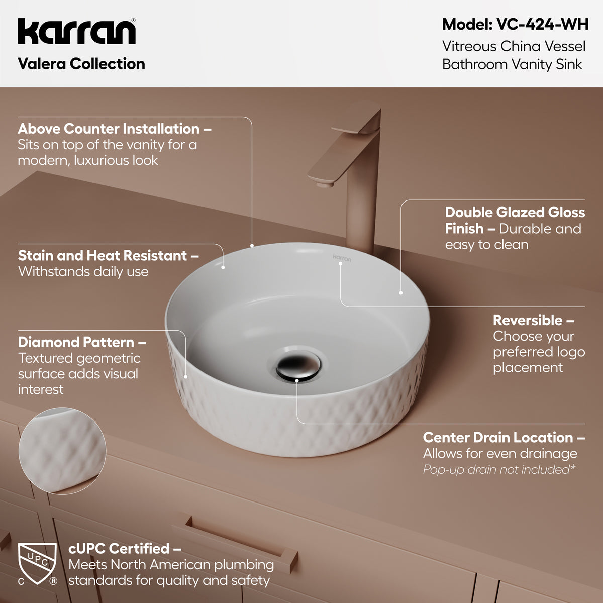Alternative View of Karran Valera 14.25" x 14.25" x 4" Round Vessel Vitreous China ADA Bathroom Sink, White, VC-424-WH