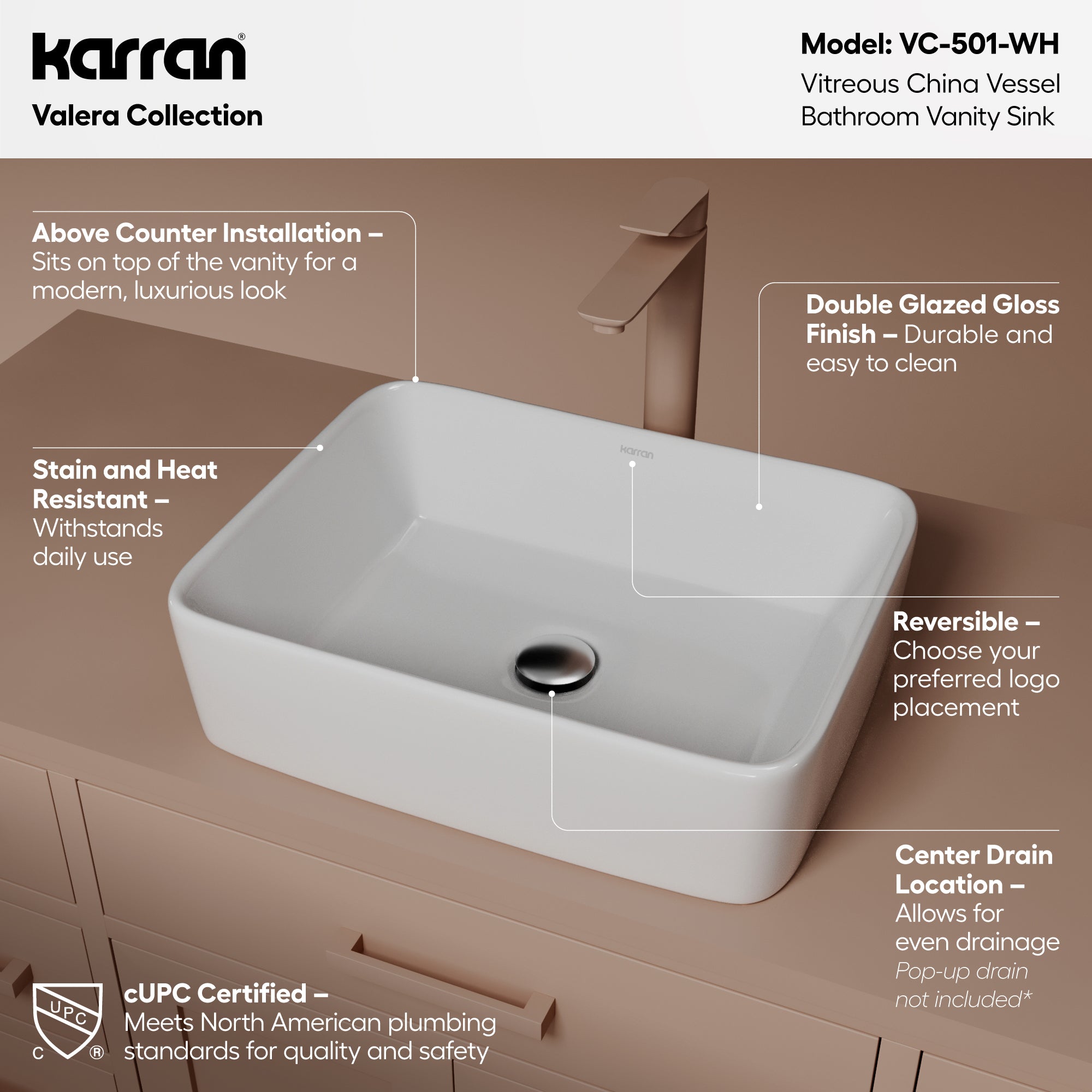 Alternative View of Karran Valera 18.75" x 14.5" x 4.25" Rectangular Vessel Vitreous China ADA Bathroom Sink, White, VC-501-WH