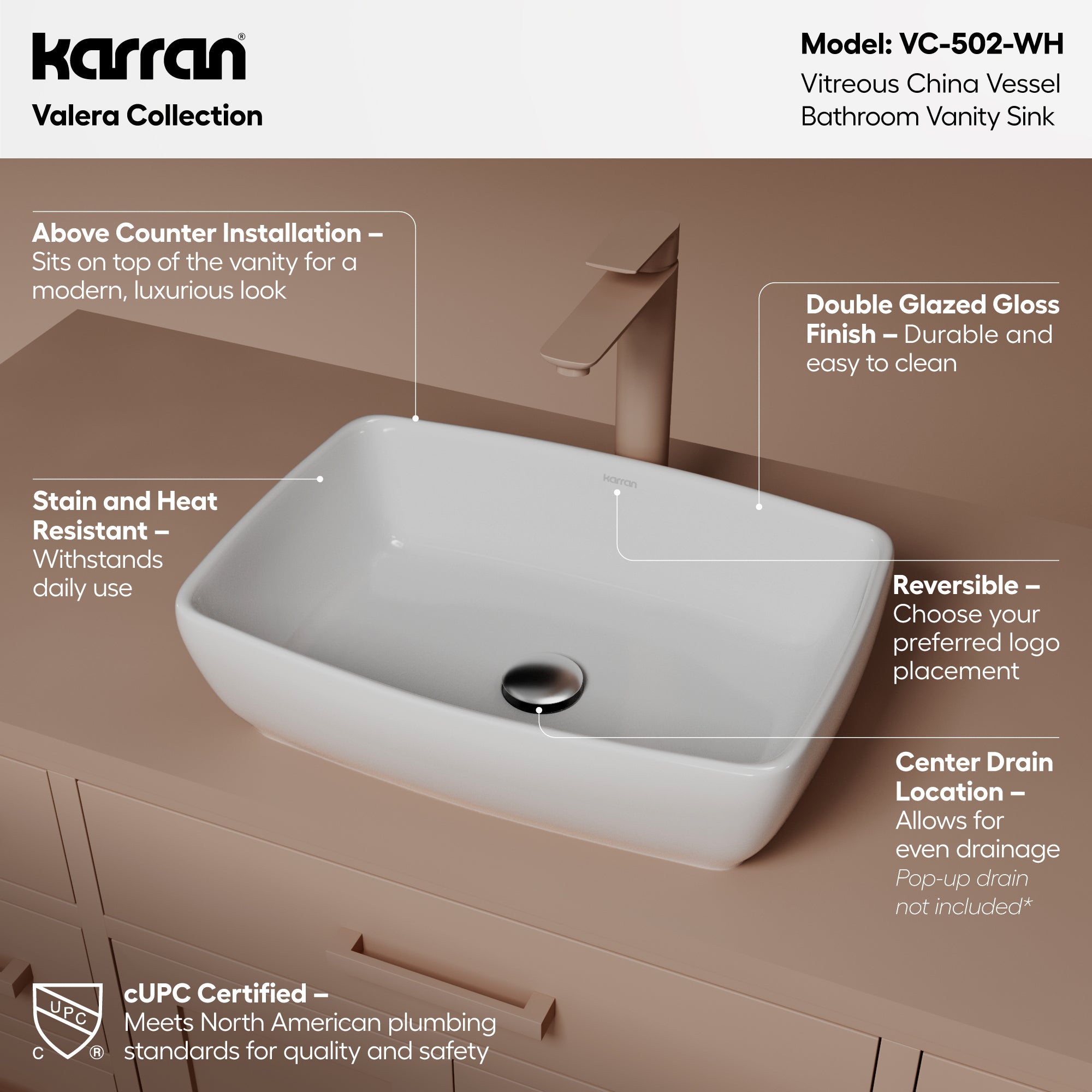 Alternative View of Karran Valera 19" x 13.25" x 4.5" Rectangular Vessel Vitreous China ADA Bathroom Sink, White, VC-502-WH