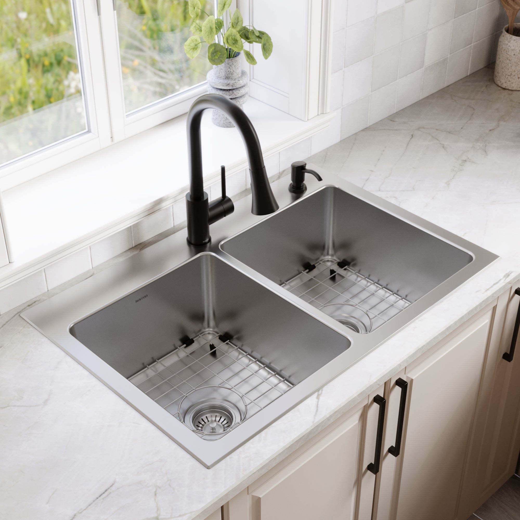 Karran lansen 33 stainless steel kitchen sink 50/50 double bowl lifestyle image